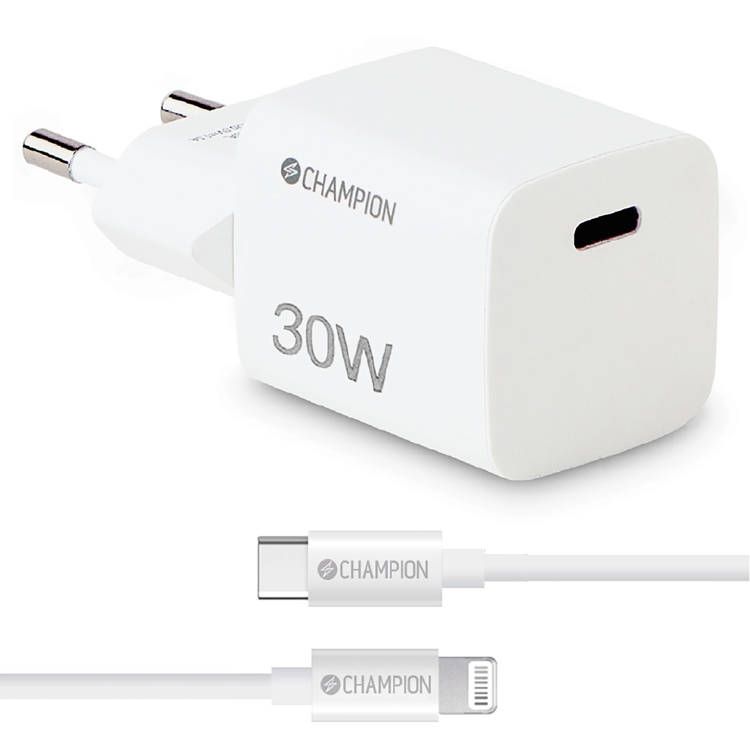 Laddare Champion 30W + USB-C till Lightning Kabel Vit