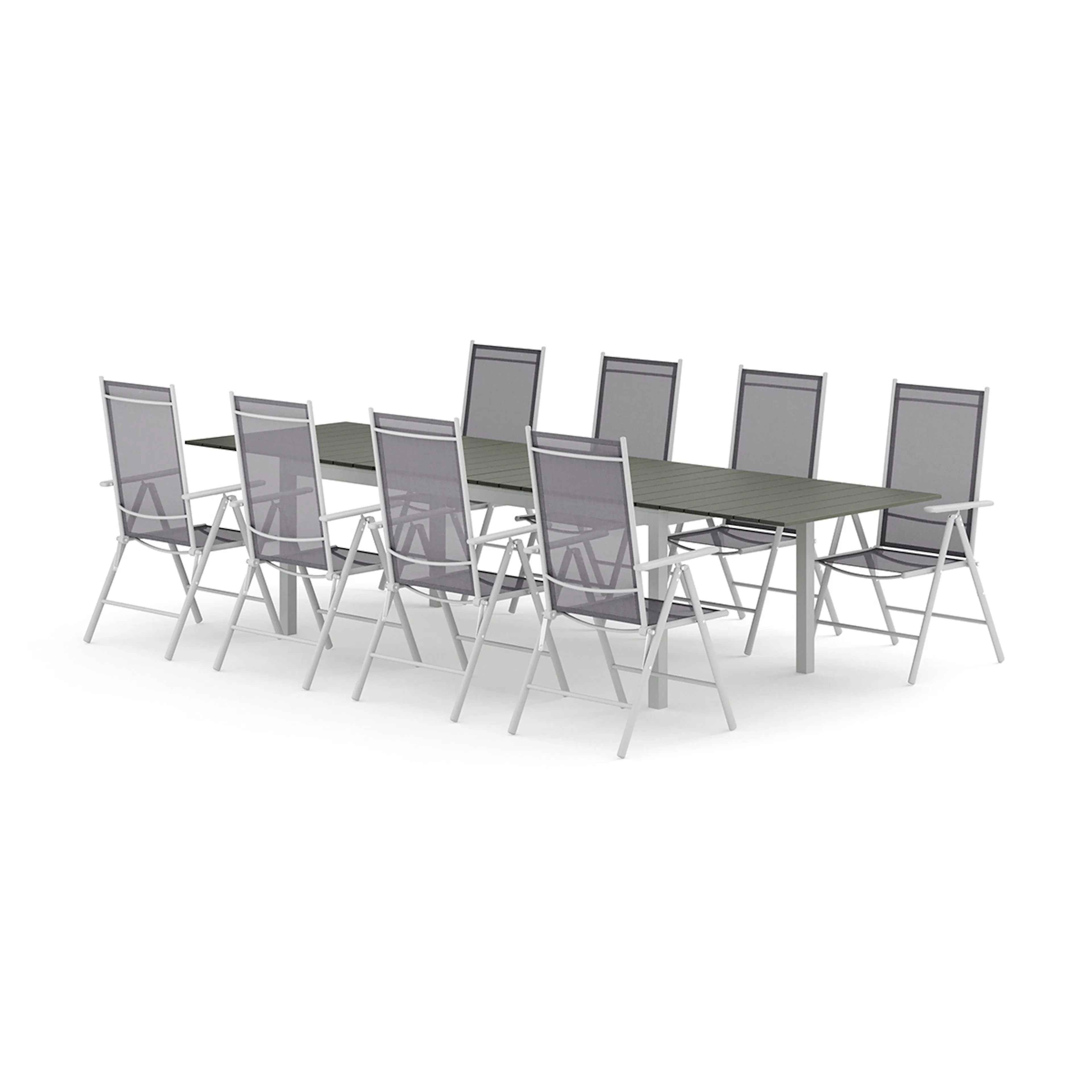 Trädgårdsgrupp Comfort Garden Tunis utomhus matgrupp förlängningsbart 205/305x90 cm med 8 Maggie positionsstolar