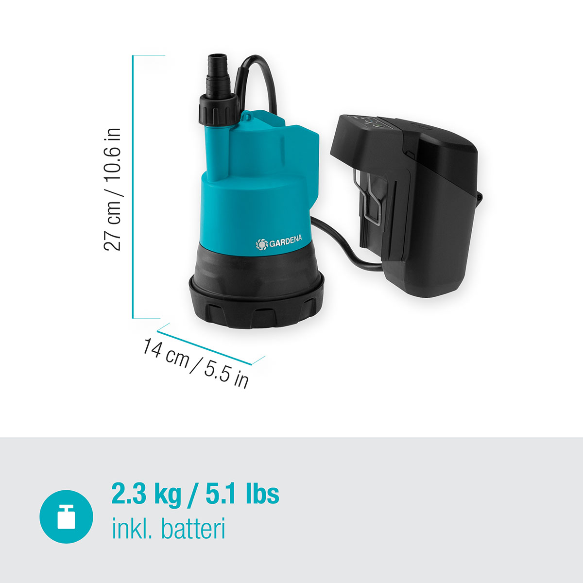 Dränkbar pump Gardena för Rent Vatten 2000/2 18V P4A Set (2,5Ah batteri + standardladdare)