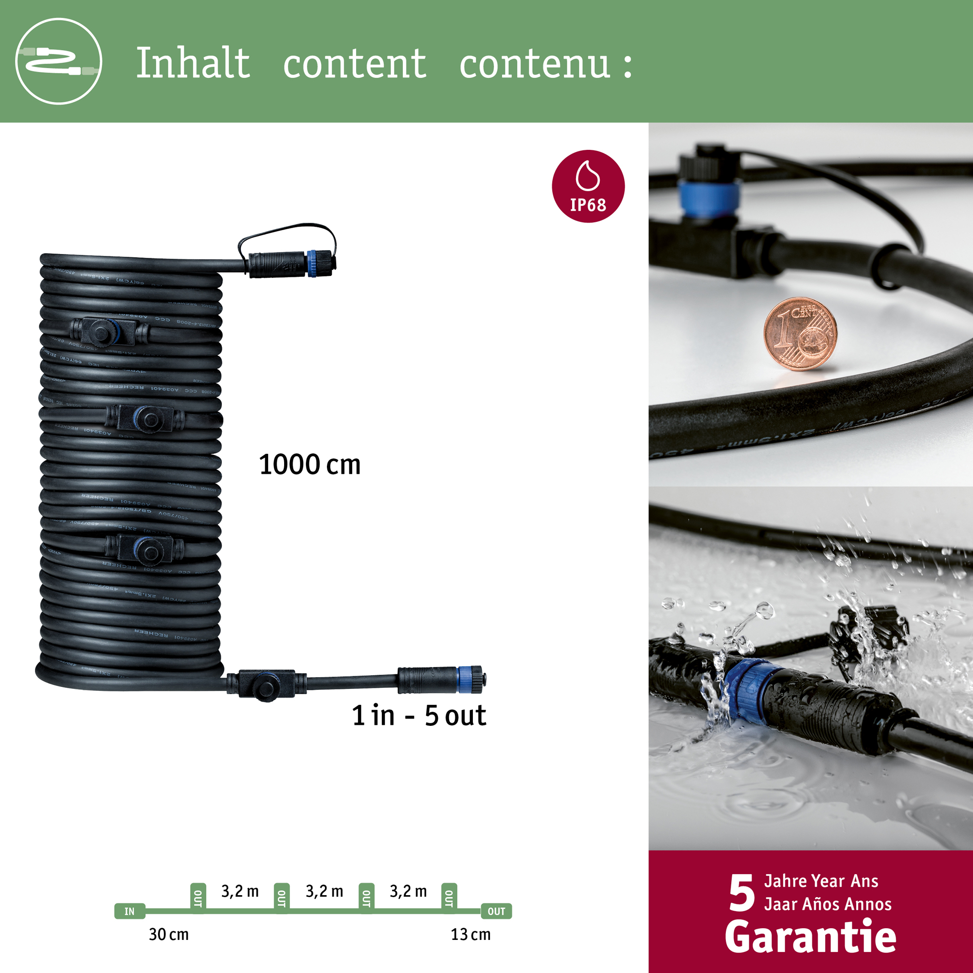 Anslutningskabel Paulmann Plug & Shine IP68 max. 150W 1in-5ut