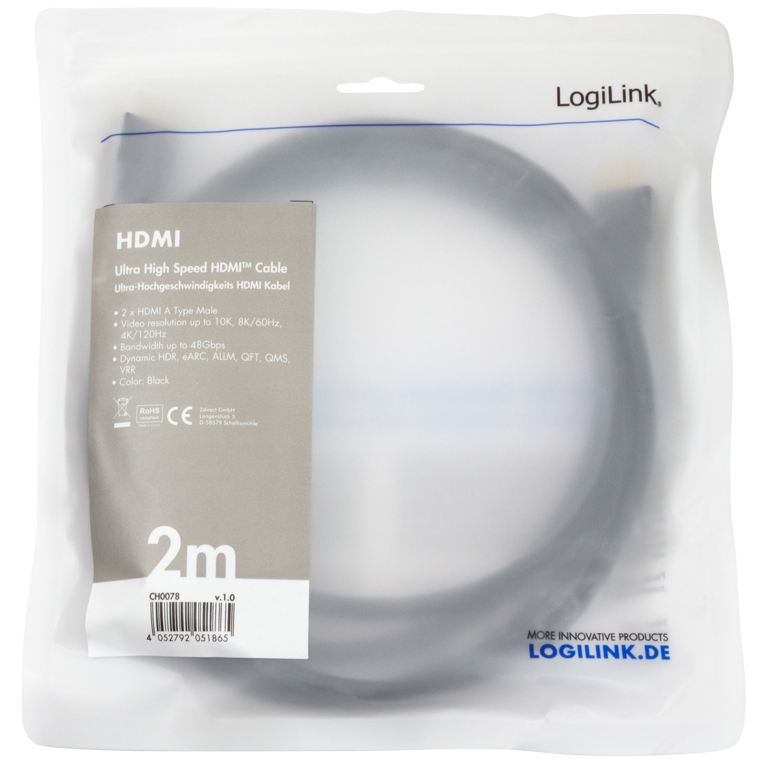 HDMI-kabel LogiLink Ultra High Speed 8K/60 4K/120Hz Svart