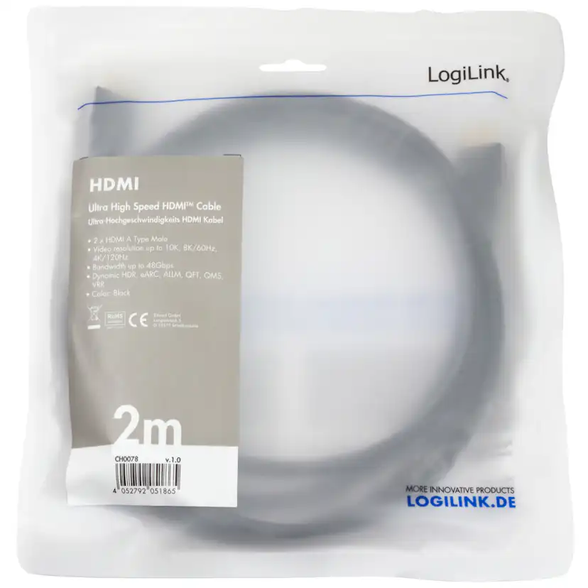 HDMI-kabel LogiLink Ultra High Speed 8K/60 4K/120Hz Svart