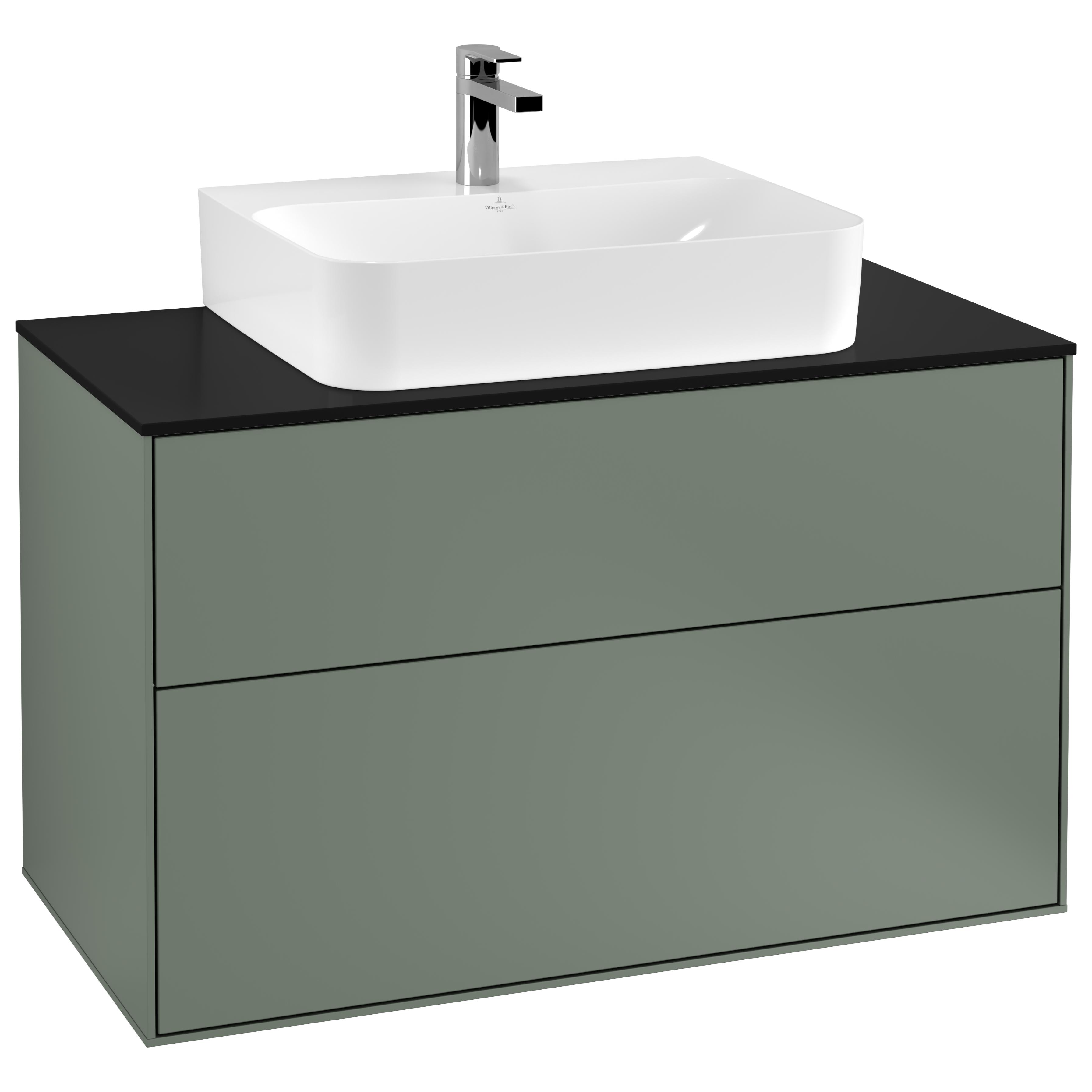 Tvättställsskåp Villeroy & Boch Finion F10200GM Oliv Mattlack, B: 1000 mm med bänkskiva i Mattsvart glas