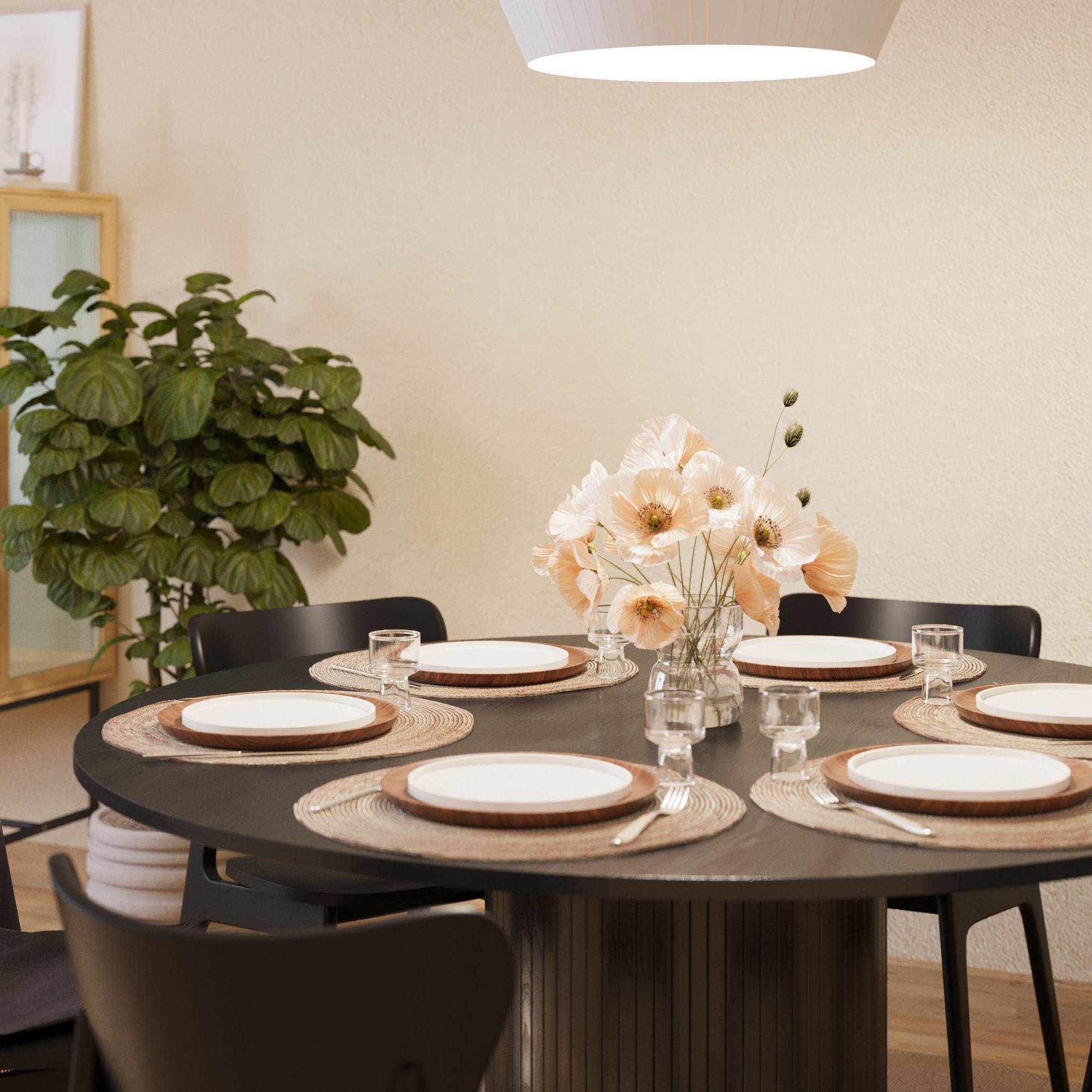 Matgrupp Bark Kopparbo Runt Matbord 150 cm med 6Jerup Matstol Svart