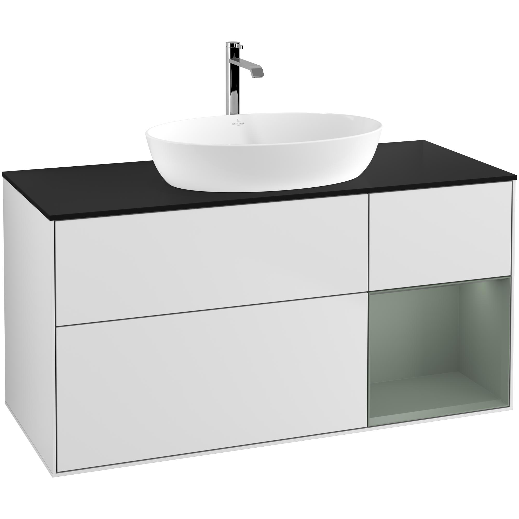 Tvättställsskåp Villeroy & Boch Finion G832GMMT Vit Mattlack/Oliv Mattlack med bänkskiva i Mattsvart glas med Väggbelysning, Lucka Höger Med Blandarhål