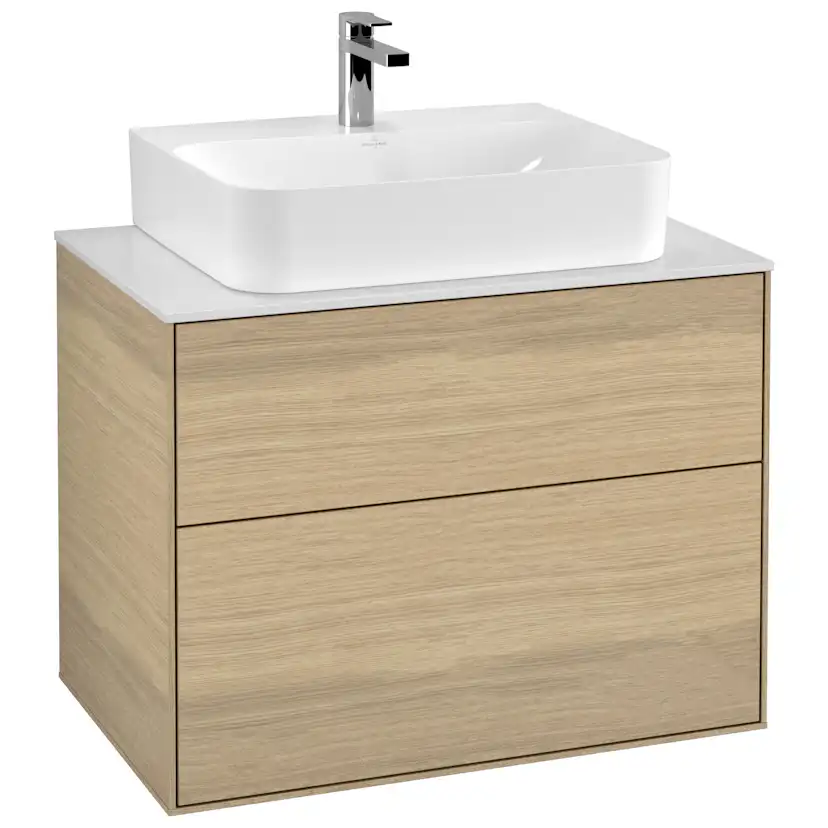 Tvättställsskåp Villeroy & Boch Finion F09100PC Ekfanér, B: 800 mm med bänkskiva i Mattvitt glas
