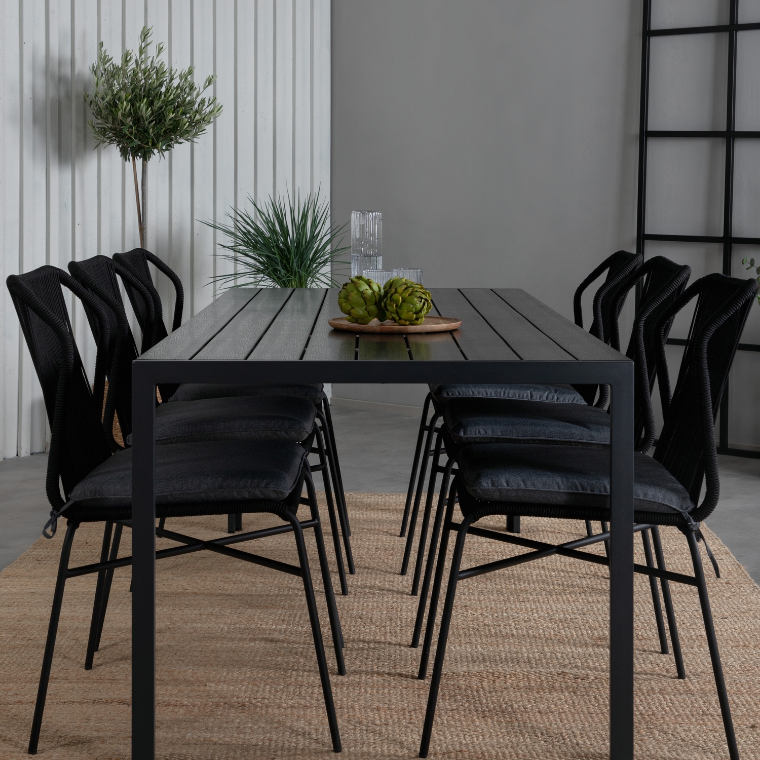 Matgrupp Venture Home Bront med 6 Jefferson Stapelbara Matstolar