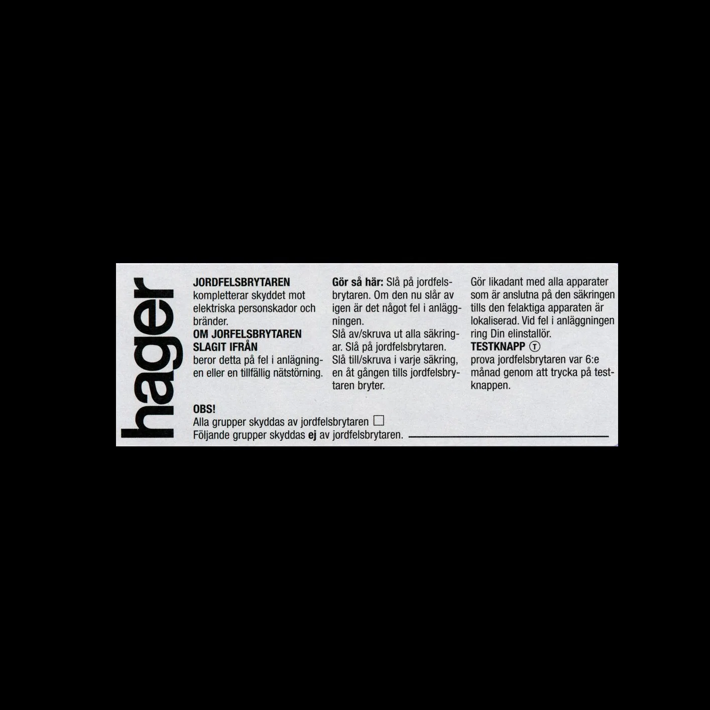 Informationsskylt Hager Självhäftande för Jordfelsbrytare