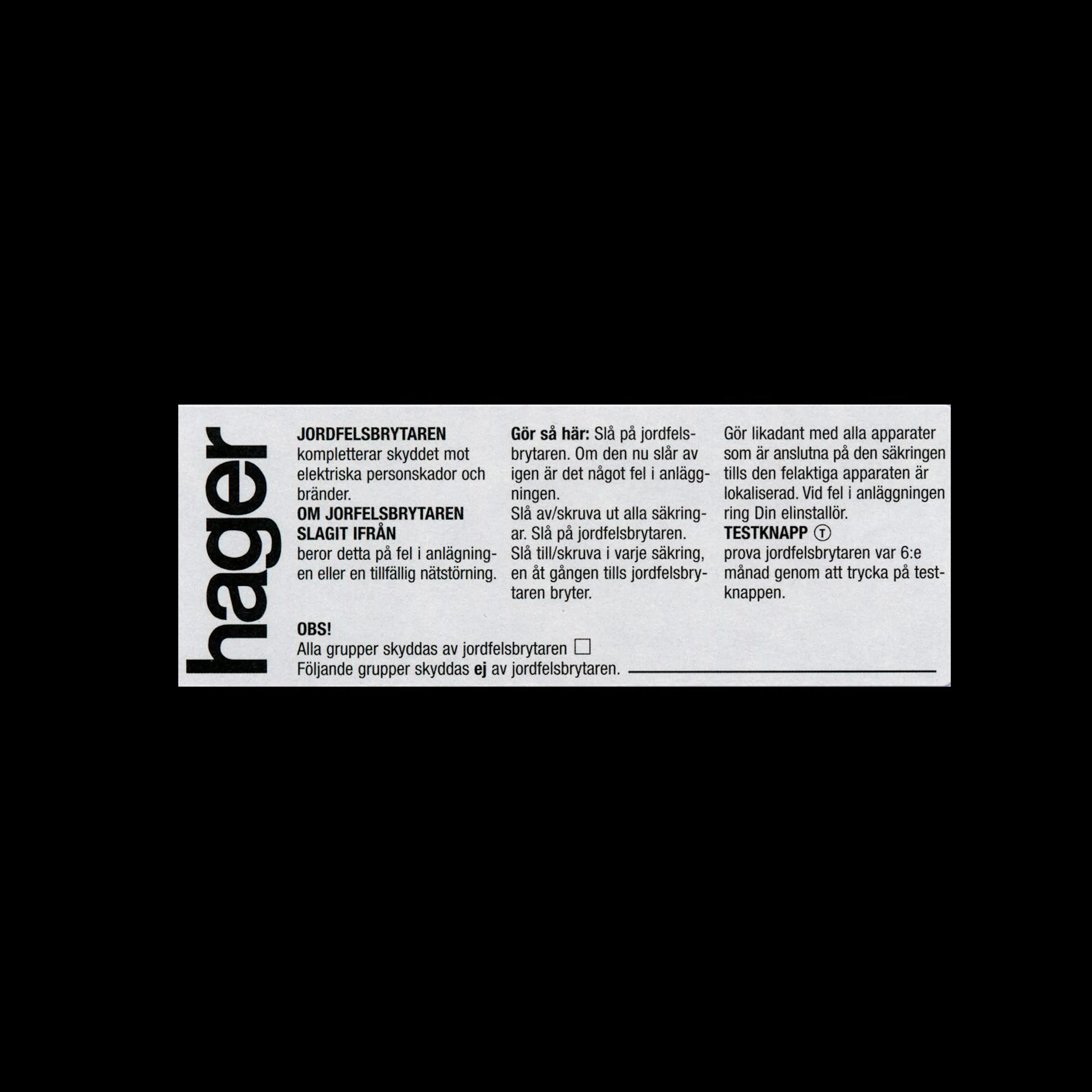 Informationsskylt Hager Självhäftande för Jordfelsbrytare