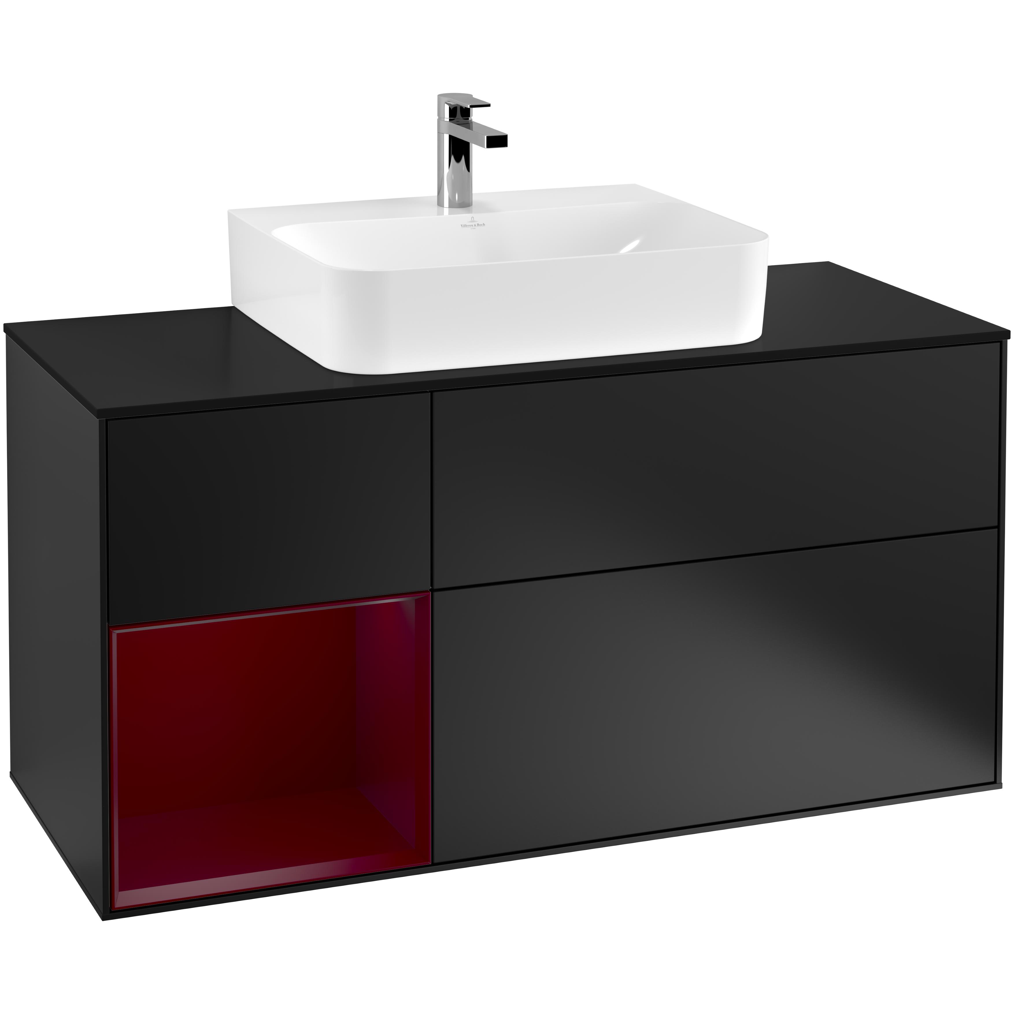 Tvättställsskåp Villeroy & Boch Finion F162HBPD Svart Mattlack/Pion Mattlack med bänkskiva i Mattsvart glas, Lucka Vänster