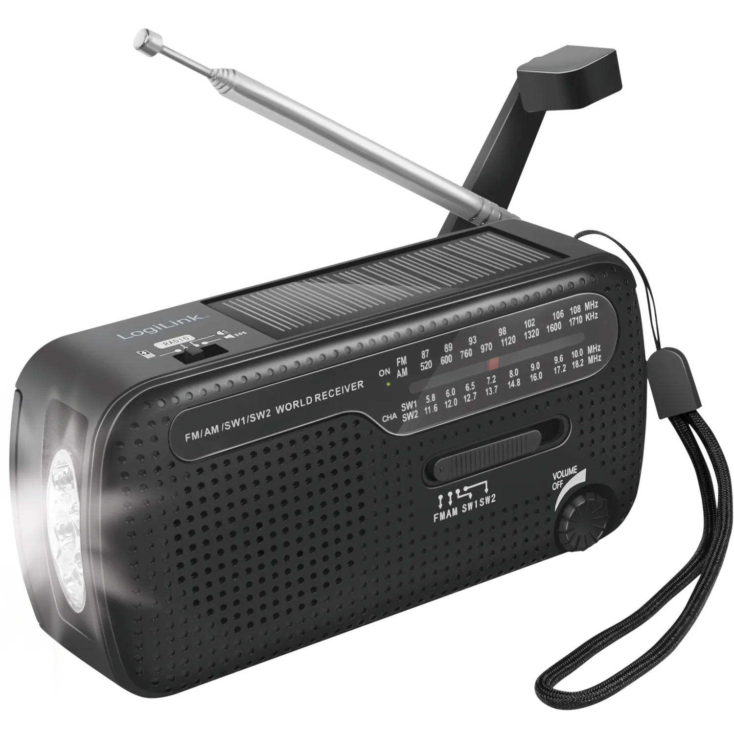 Vevradio LogiLink med Ficklampa och Solcell