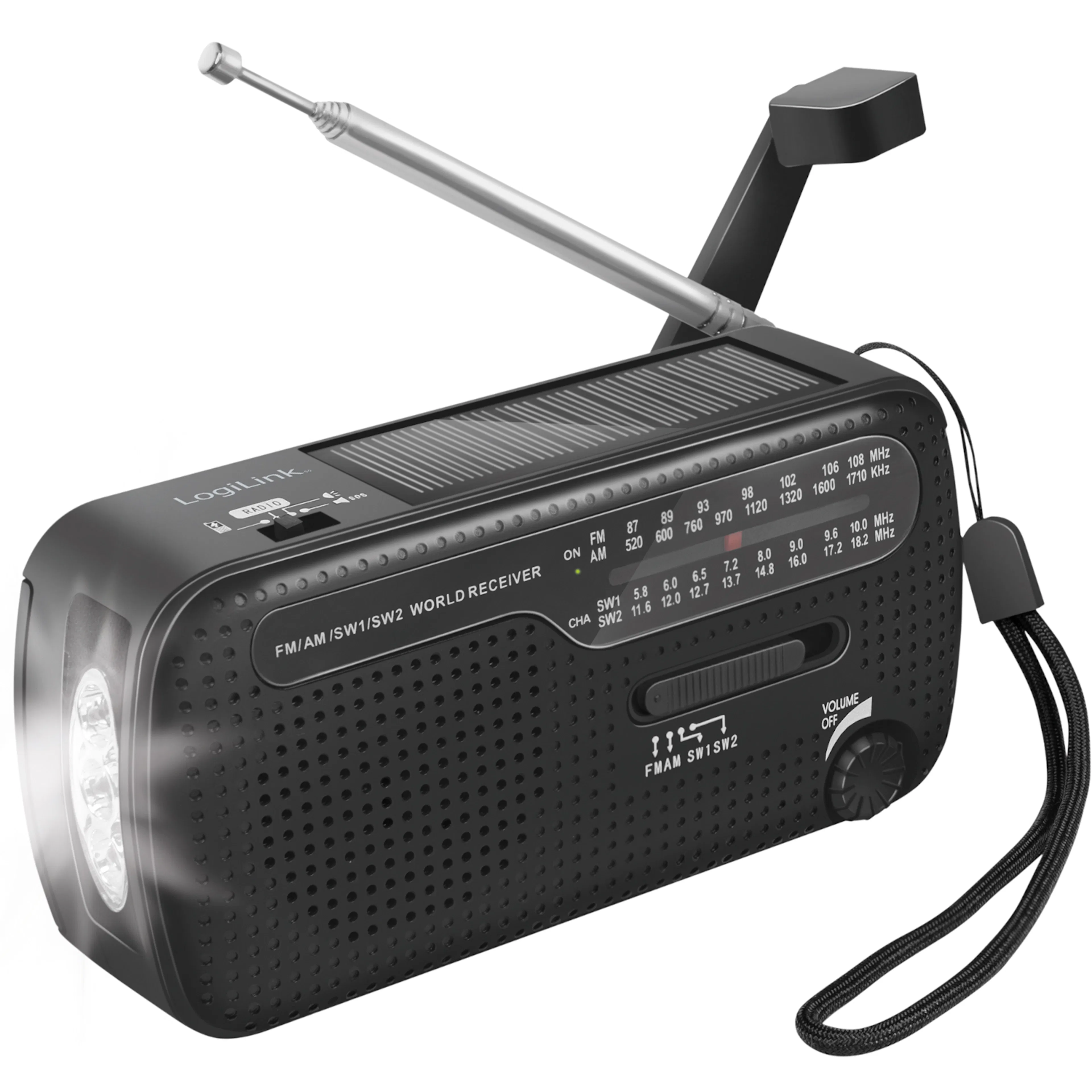 Vevradio LogiLink med Ficklampa och Solcell