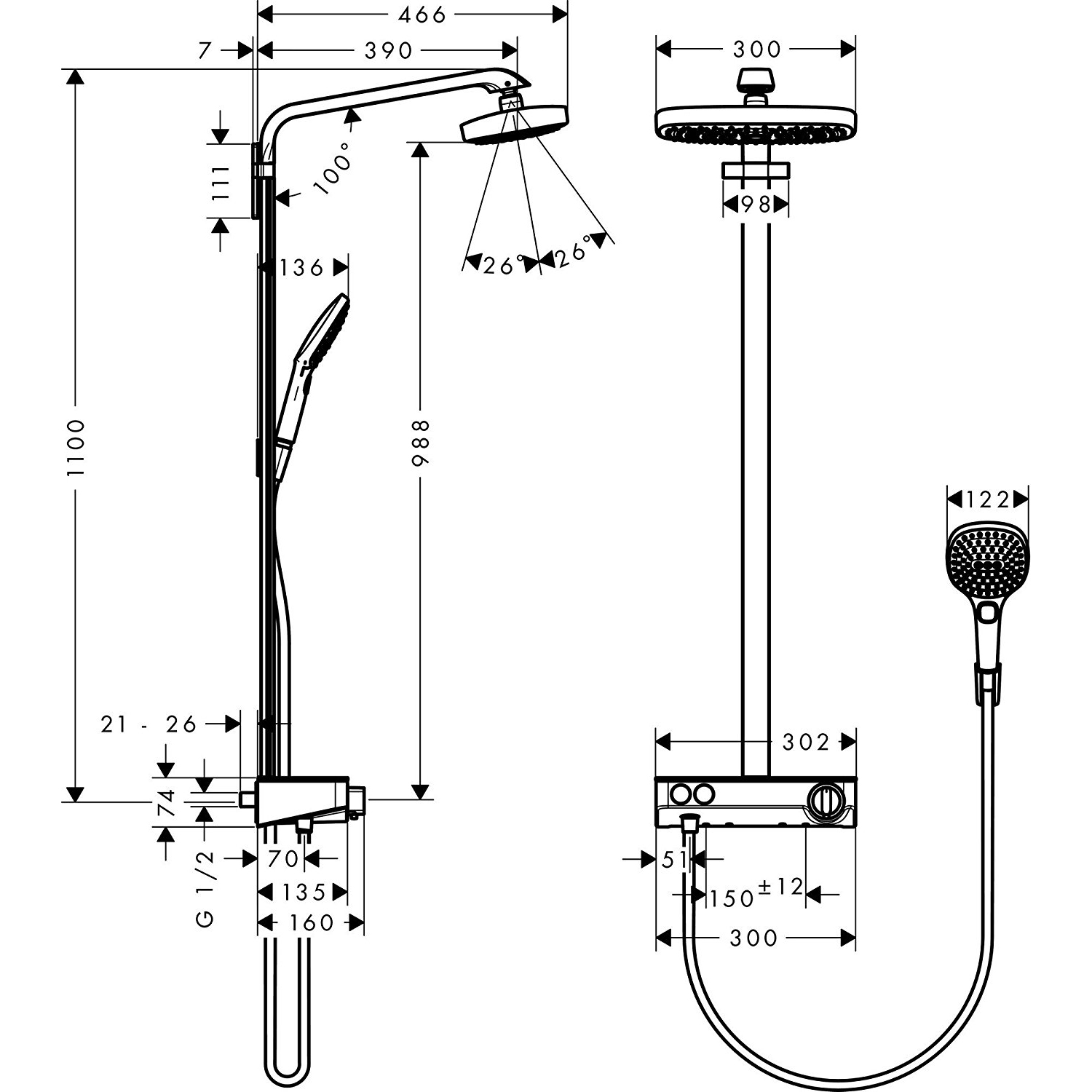 Takduschset Hansgrohe Raindance Select E 300 2jet Showerpipe Krom utan EcoSmart