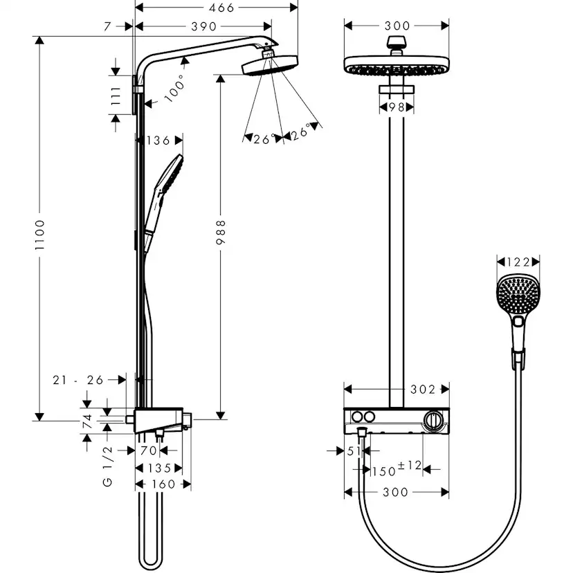 Takduschset Hansgrohe Raindance Select E 300 2jet Showerpipe Krom utan EcoSmart