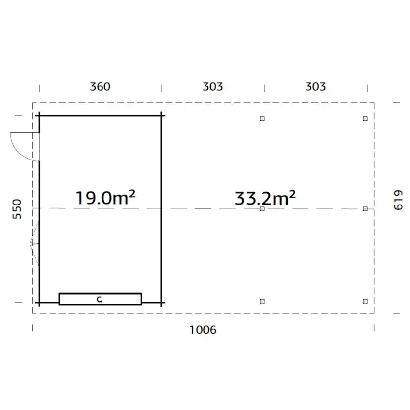 Roger 19,0+33,2 m2 with sectional door PNT7012W2 Målad grå RAL7012 + vit RAL9016
