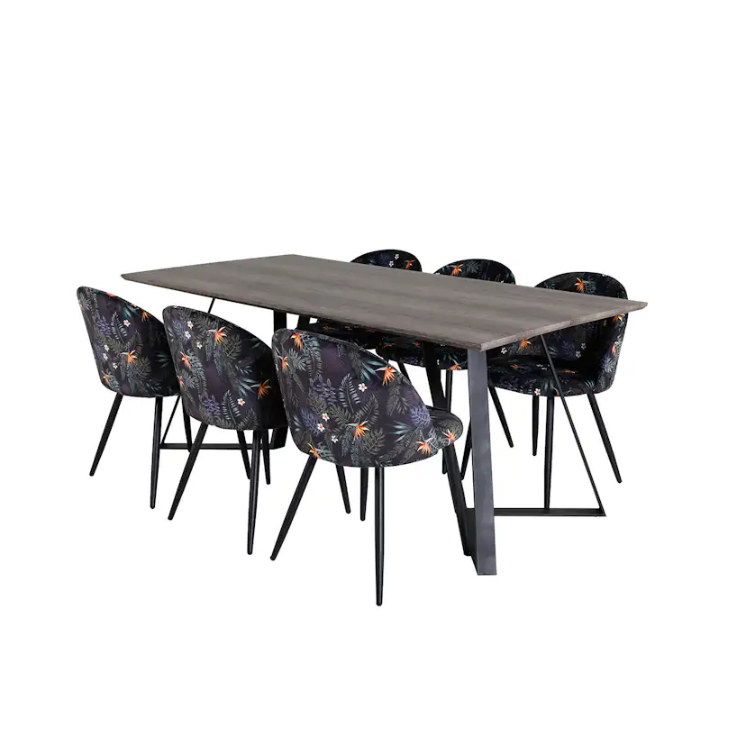 Marina Dining Table 180x90 cm+Velvet Dining Chair Grå/Svart/Blommönstrad