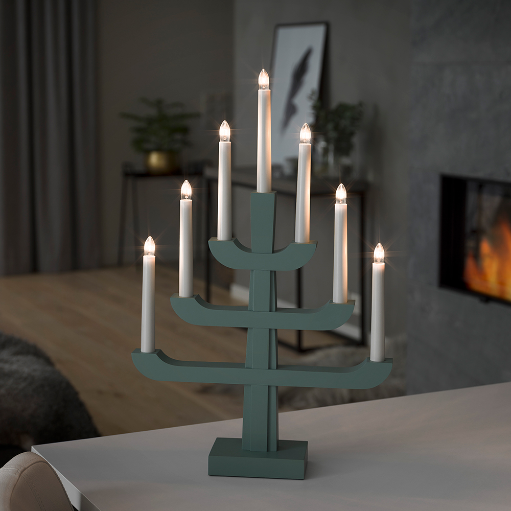 Elljusstake 7 ljus trä mintgrön 230V Mintgrön