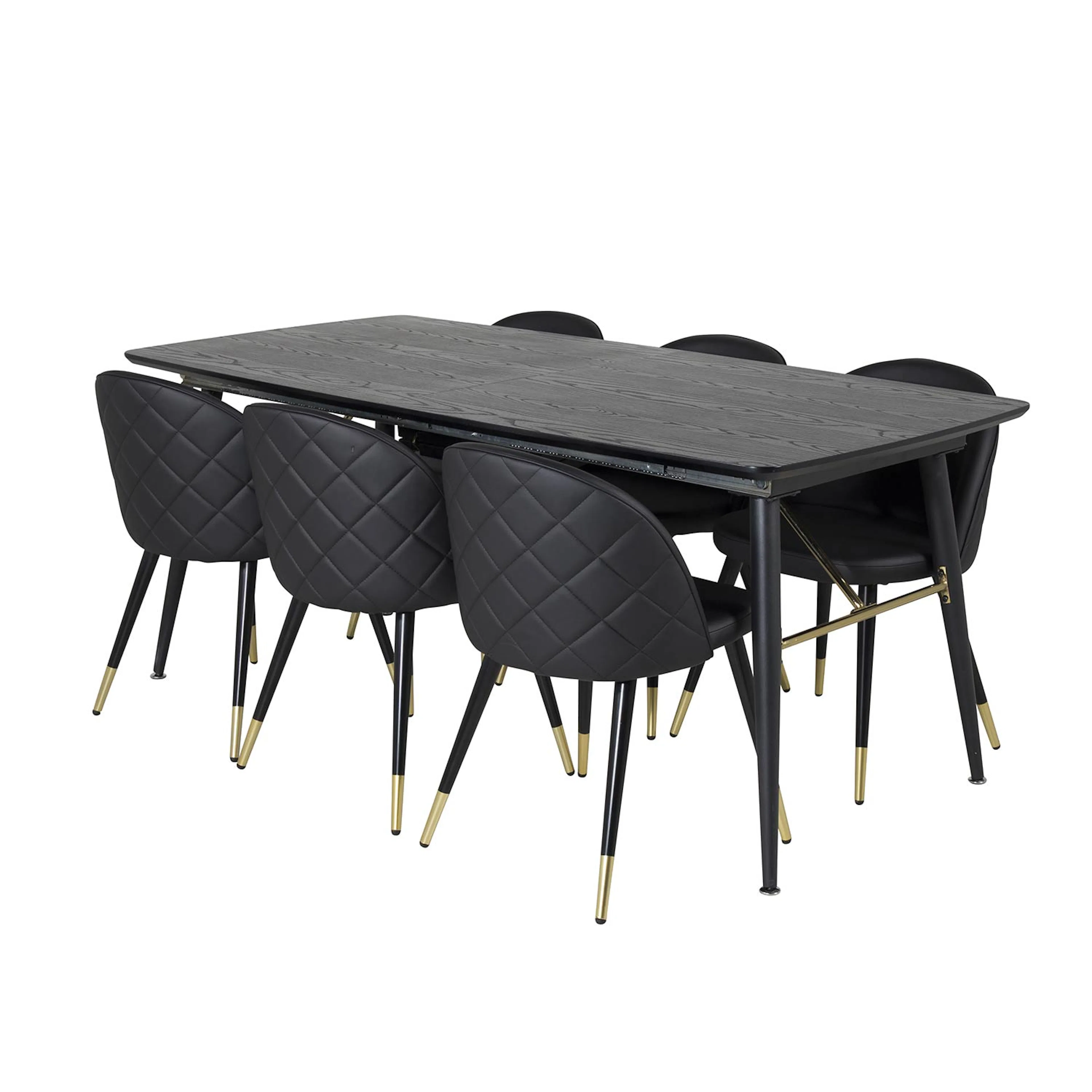 Gold Extention table -Black Veneer+Velvet Chair-PU-Black_6 Svart/Svart, Konstläder