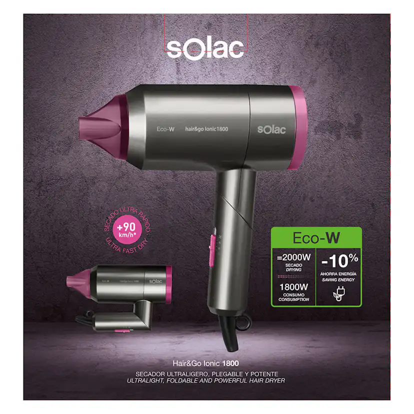 Hårtork Solac Hair&Go Ionic 1800 Hopfällbar