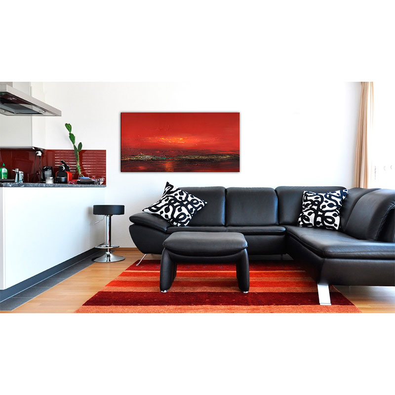 Handmålad Tavla Arkiio  Röd Solnedgång Över Havet 120x60