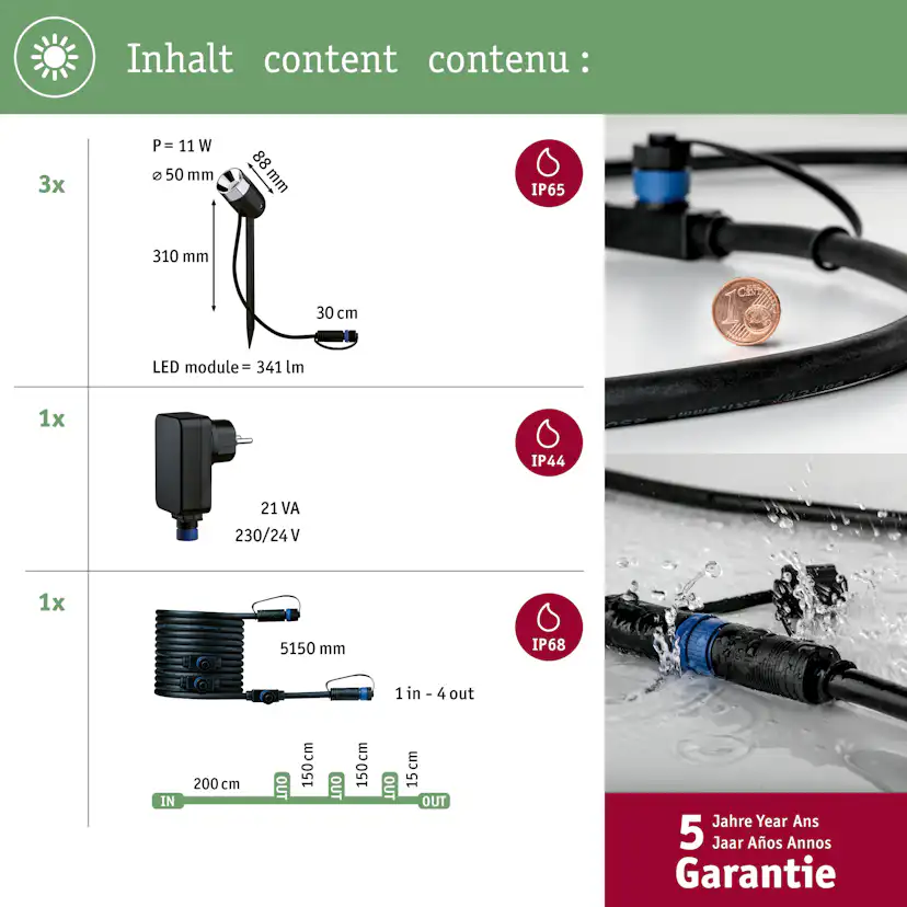 Spotlight Paulmann Pike Plug & Shine LED Smart Home Zigbee 3.0 Pike IP65 24V 3-pack med Transformator och Kabel
