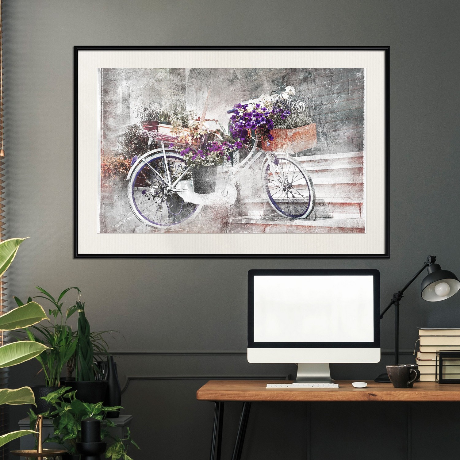 Affisch - Floral Bike [Poster] 45x30 Svart ram med passepartout, 45x30 cm