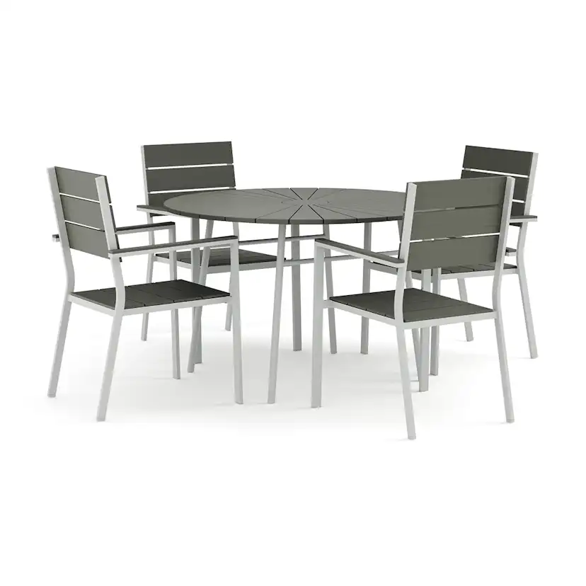 Trädgårdsgrupp Comfort Garden Tunis utomhus rund matgrupp 120 cm med 4 Tunis stapelstolar