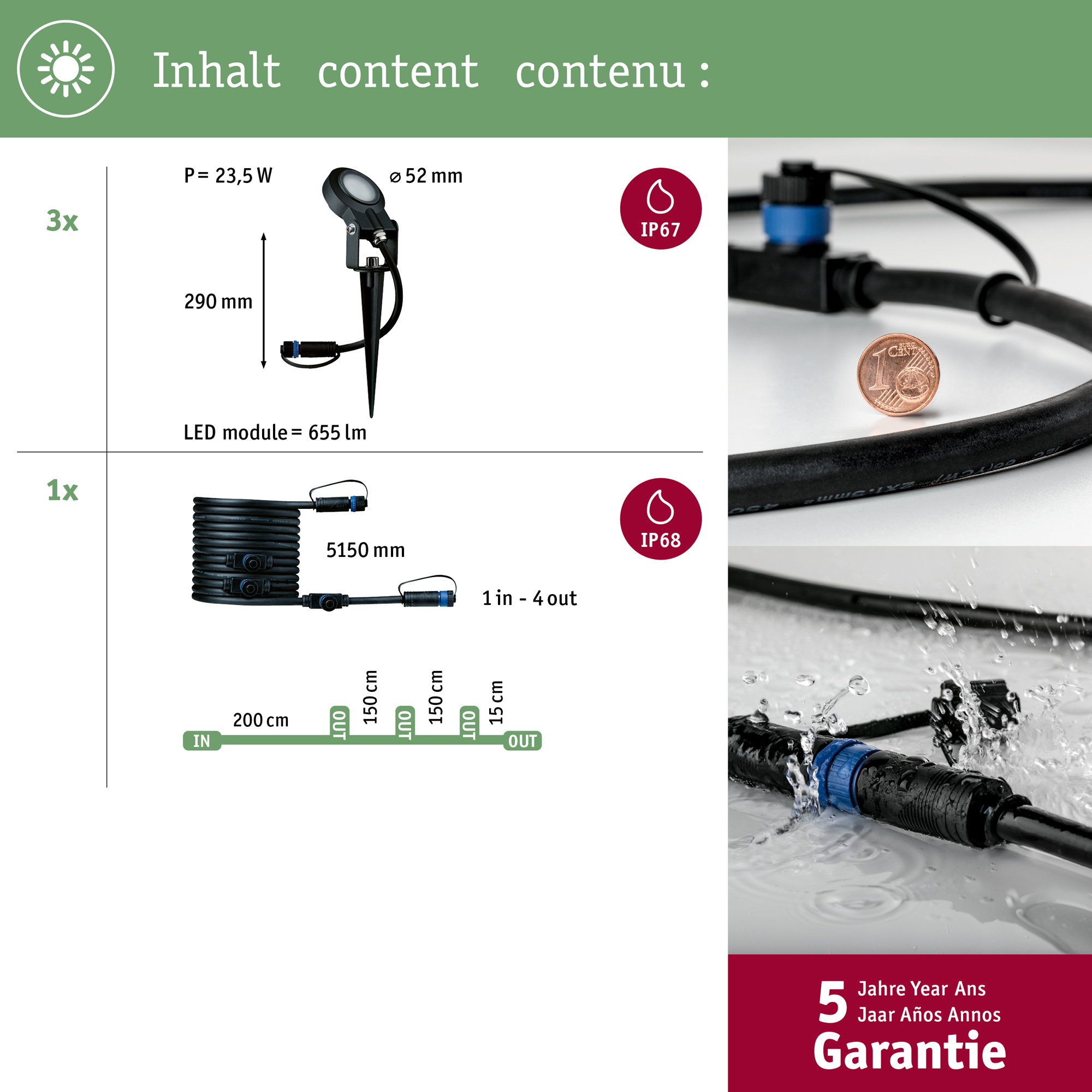 Spotlight Paulmann Sting Plug & Shine LED IP67 24V Förlängningsset 3-pack med Kabel