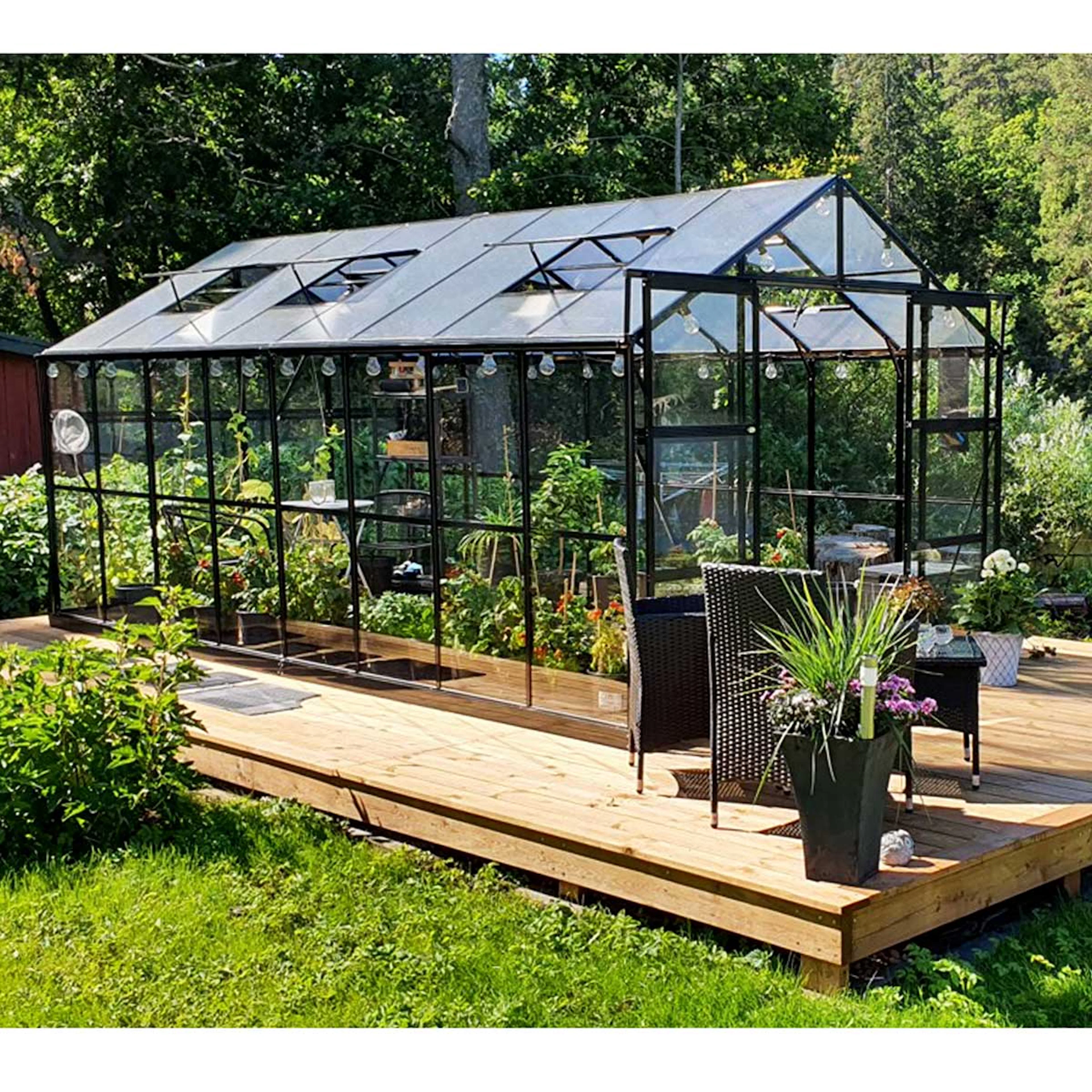 Växthus 12,7m2, glas, pc-tak, (494X257X228CM)Svart Svart