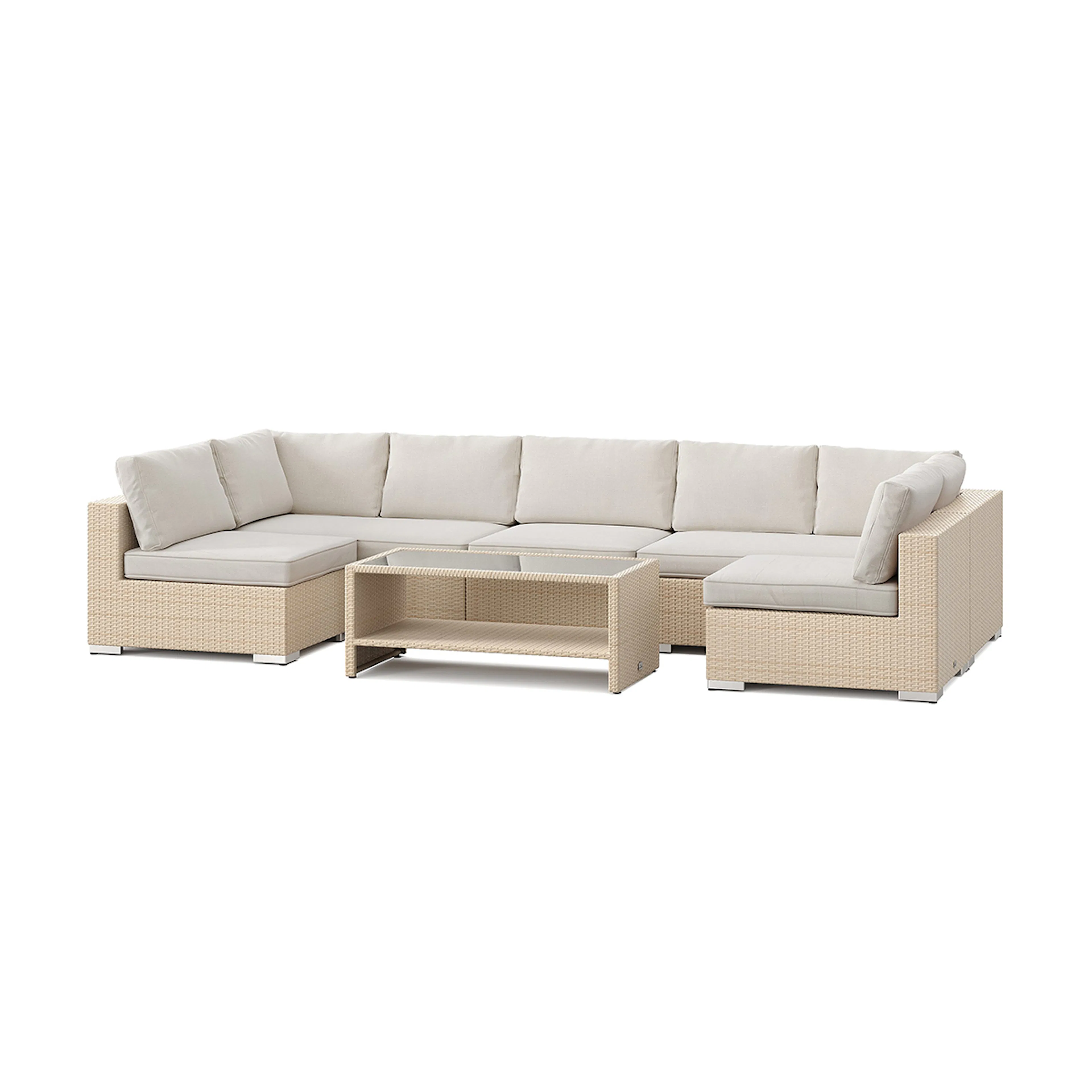 Loungegrupp Comfort Garden Bahamas U-formad utomhus loungegrupp med öppet avslut, 7-sits med bord och hylla