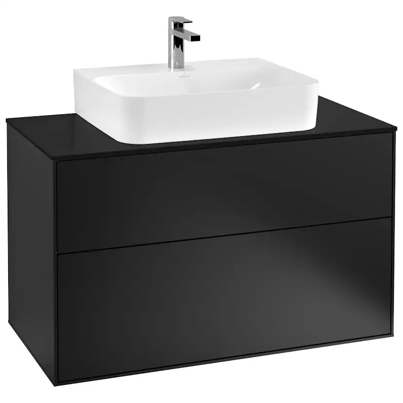Tvättställsskåp Villeroy & Boch Finion F10200PD Svart Mattlack, B: 1000 mm med bänkskiva i Mattsvart glas