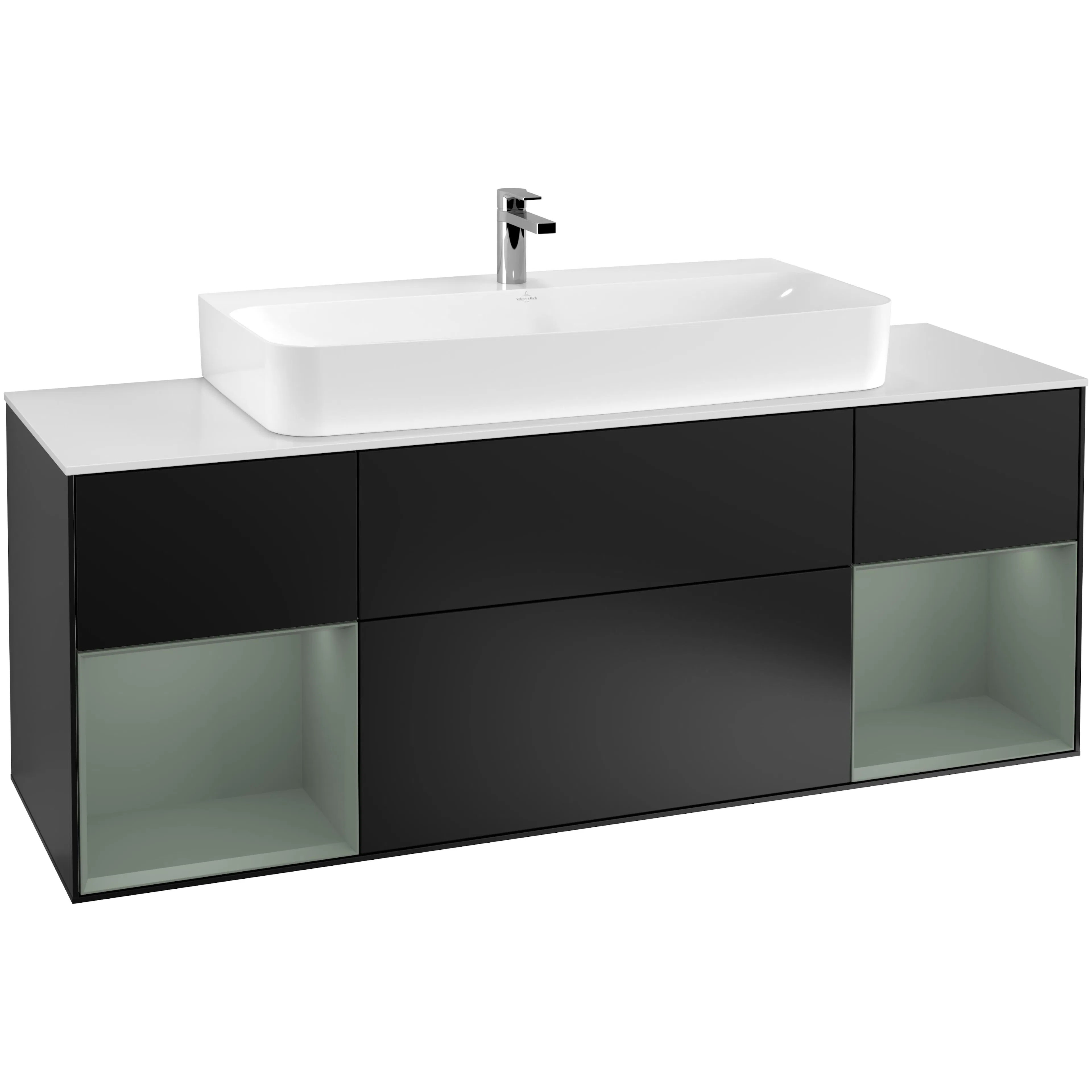 Tvättställsskåp Villeroy & Boch Finion F211GMPD Svart Mattlack/Oliv Mattlack med bänkskiva i Mattvitt glas