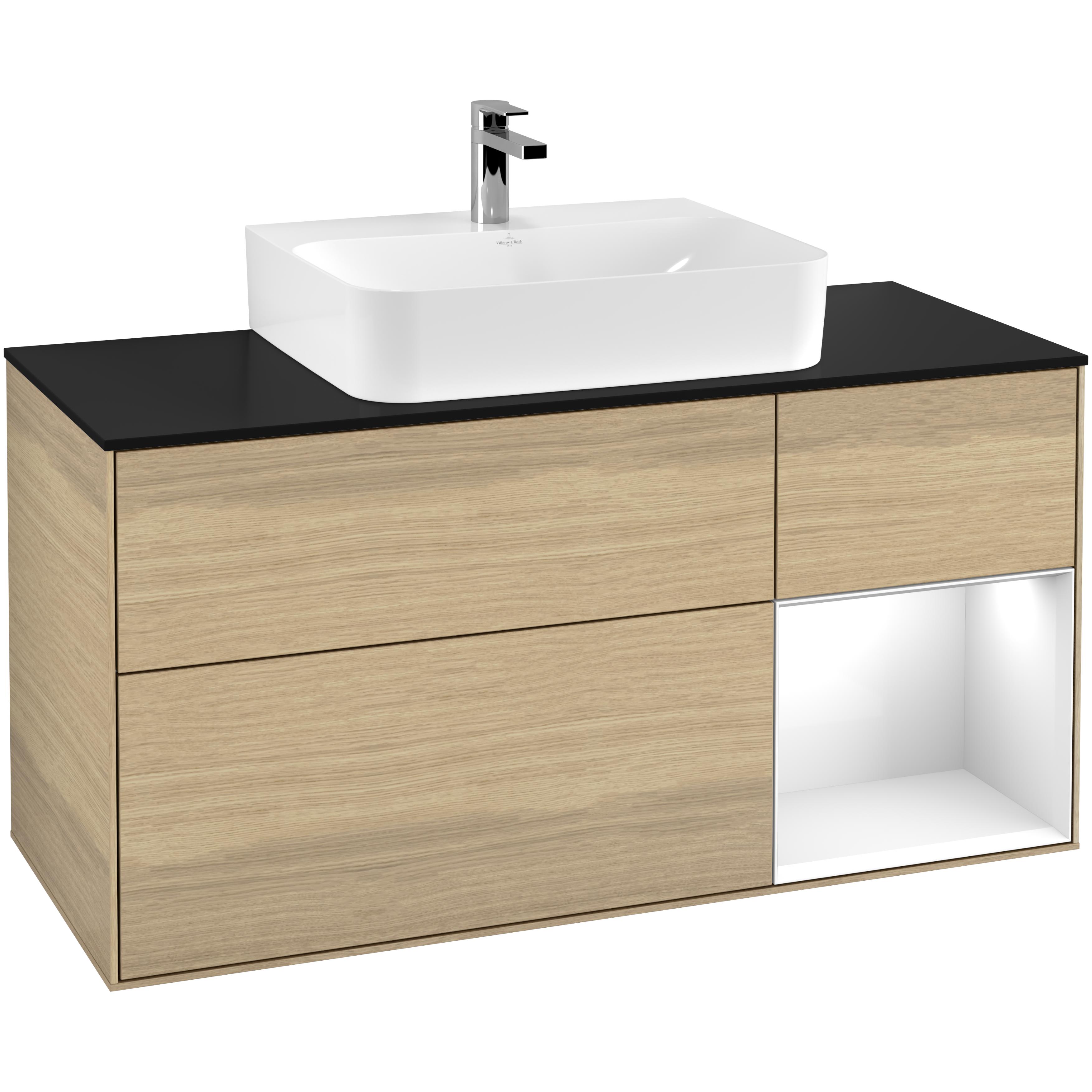 Tvättställsskåp Villeroy & Boch Finion G172GFPC Ekfanér/Vit Högblank med bänkskiva i Mattsvart glas med Väggbelysning, Lucka Höger