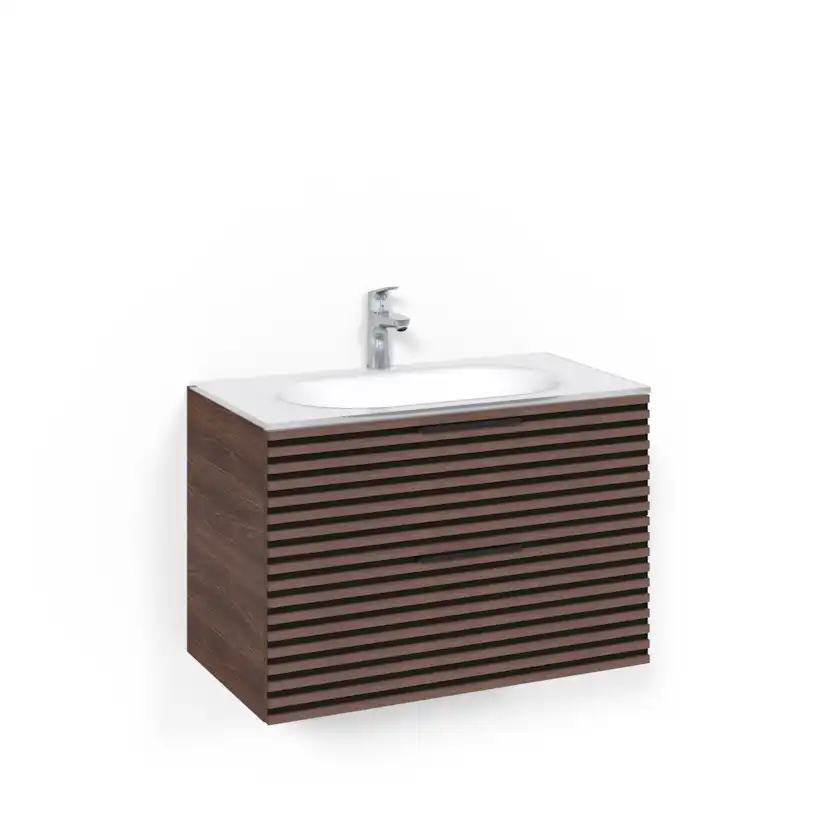 Crown Kommod 80x45 Brun Ask Stripe Vitt Glashandfat Bredd: 800 mm, Brun Ask, Glastvättställ Vit