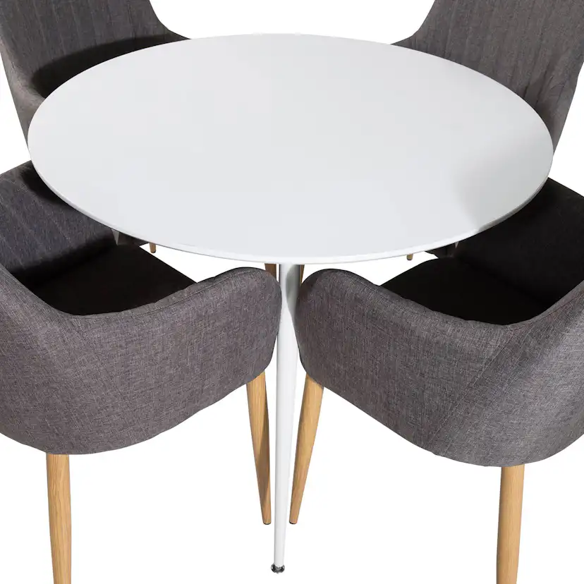 Plaza Round Table - White top /Comfort Chair- Darkgrå/ Oak_4 Vit/Mörkgrå/Ek