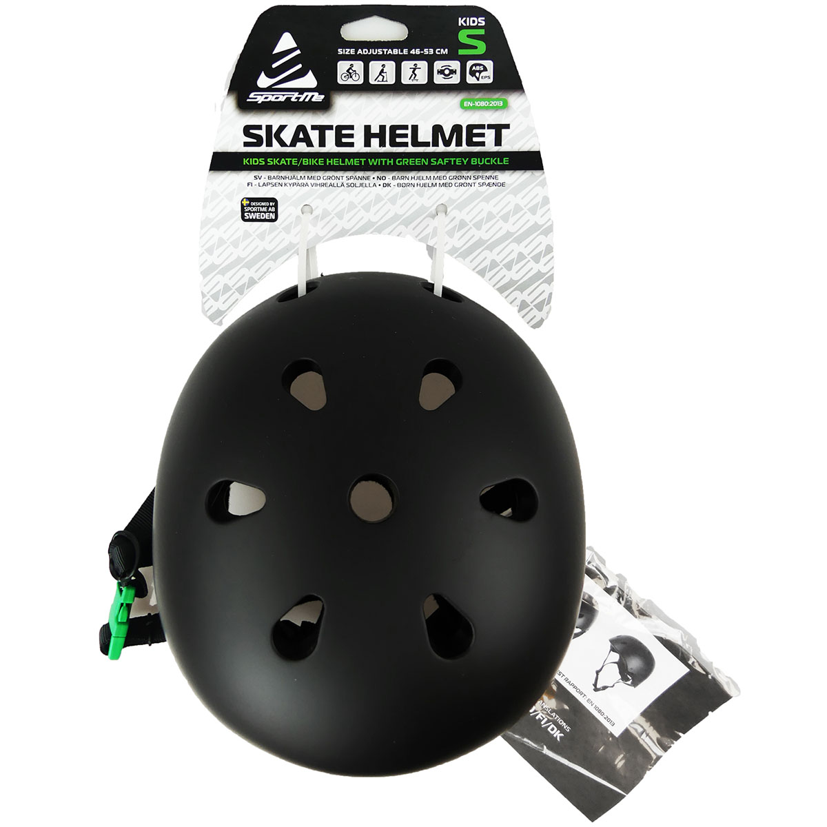 Skatehjälm SportMe S 46-53 cm Svart med Grönt Spänne