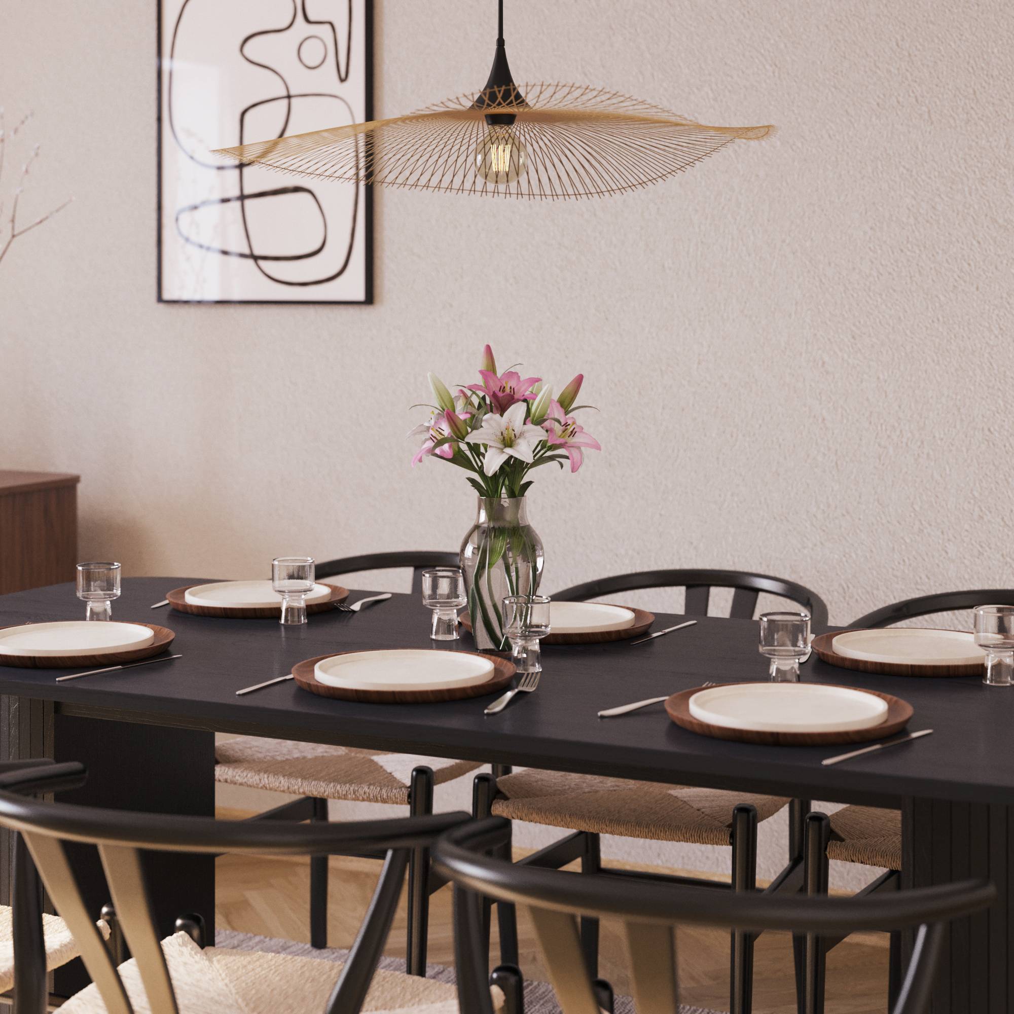 Matgrupp Bark Kopparbo Rektangulärt Matbord 200x90 cm med 6 Dastoori Matstol Svart