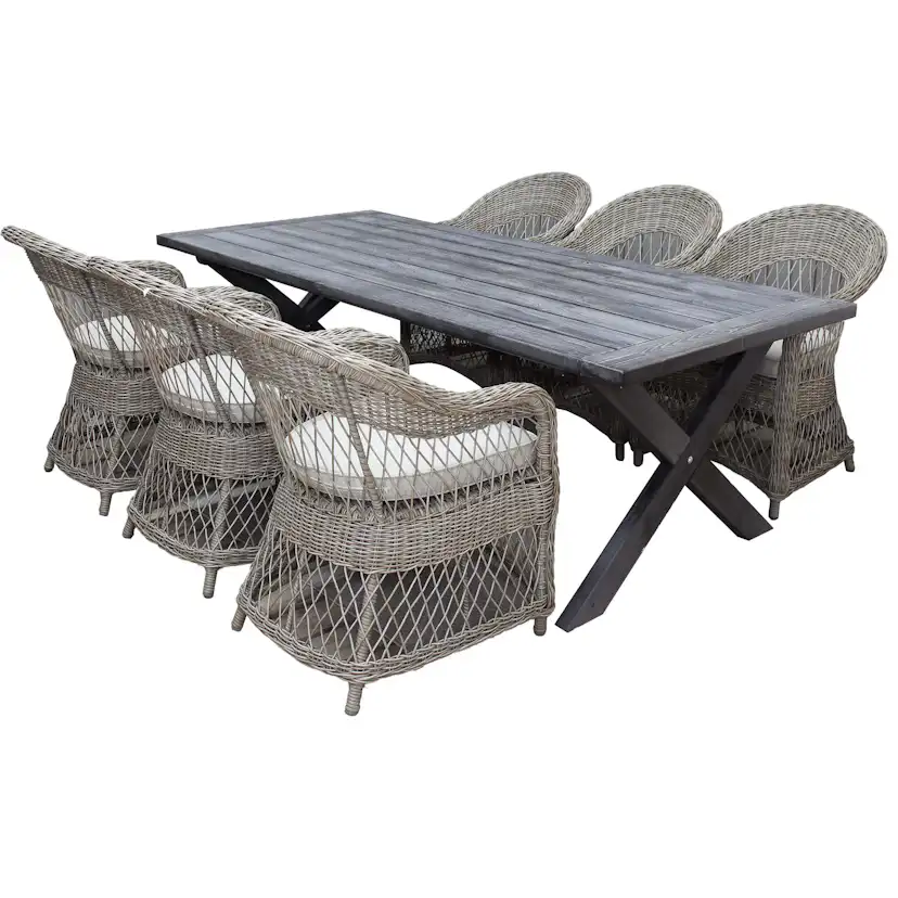 Matgrupp Utomhus Baltic Garden 220 cm bord & 6 Merida naturfärgade stolar