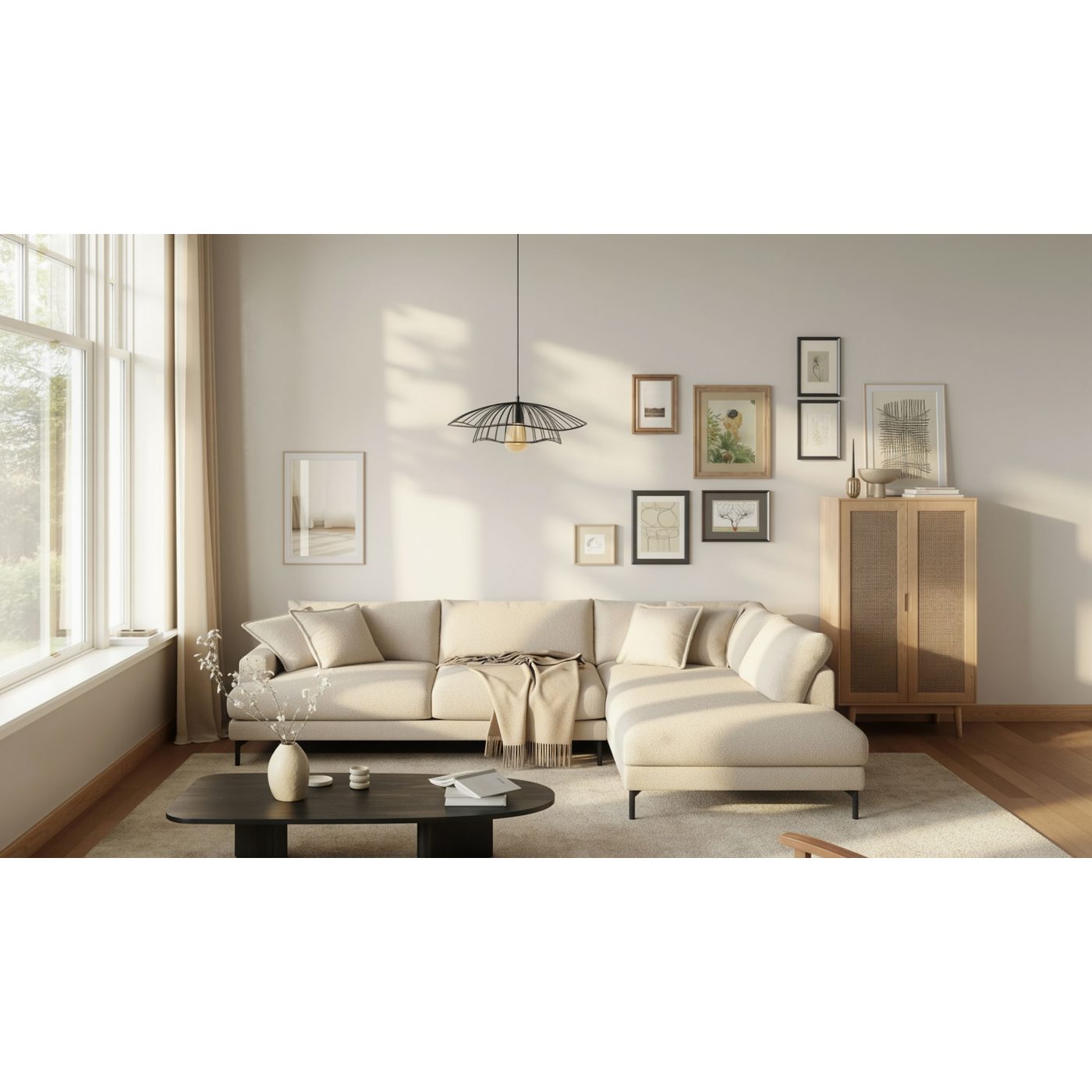 Schäslongsoffa Scandi Days Menard Premium Djup 5-sits Silencio 03, Ljusbeige Chenille, Högervändx