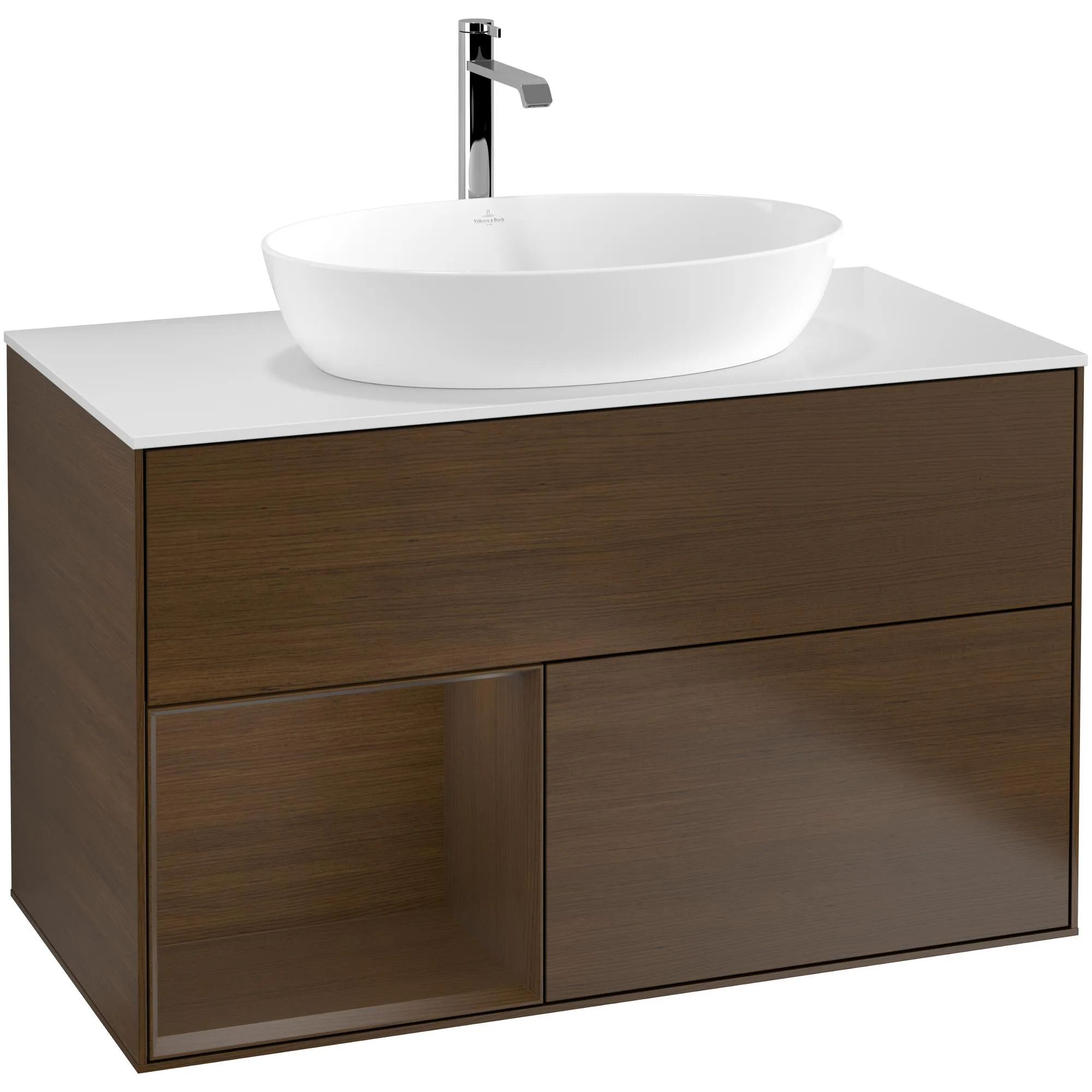 Tvättställsskåp Villeroy & Boch Finion G771GNGN Valnötsfanér/Valnötsfanér med bänkskiva i Mattvitt glas med Väggbelysning, Lucka Vänster Med Blandarhål