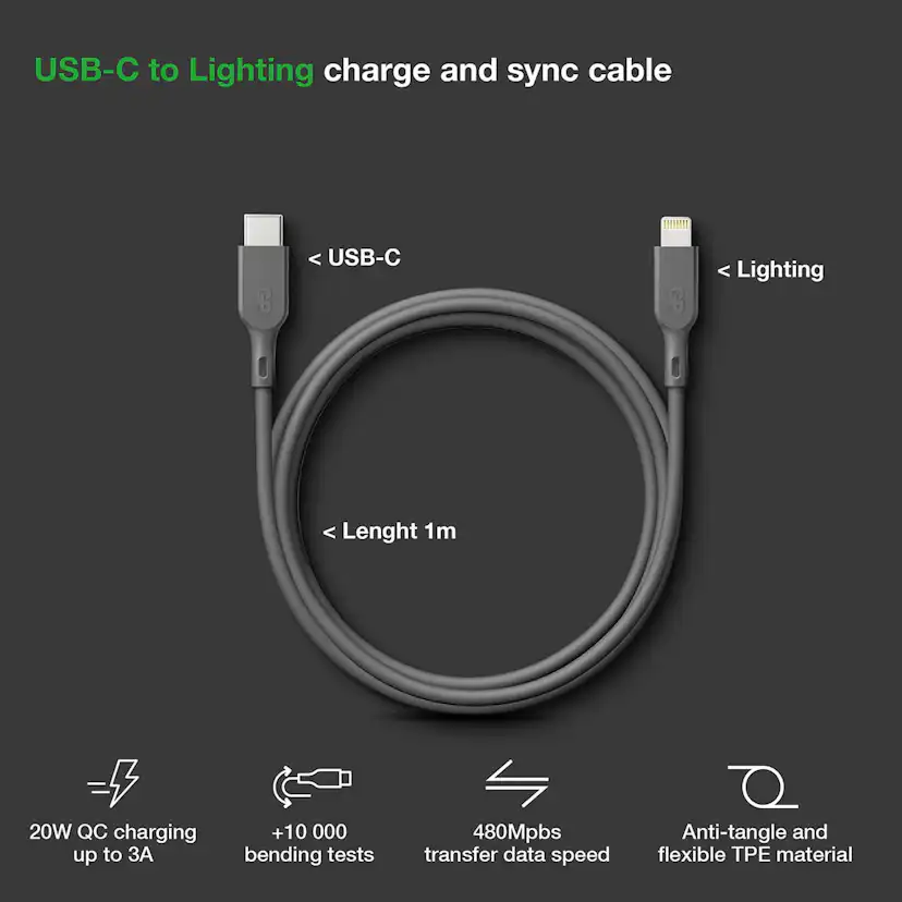 Mobilladdare GP Batteries USB-A Till Lightning Kabel CL1P 1m Grå