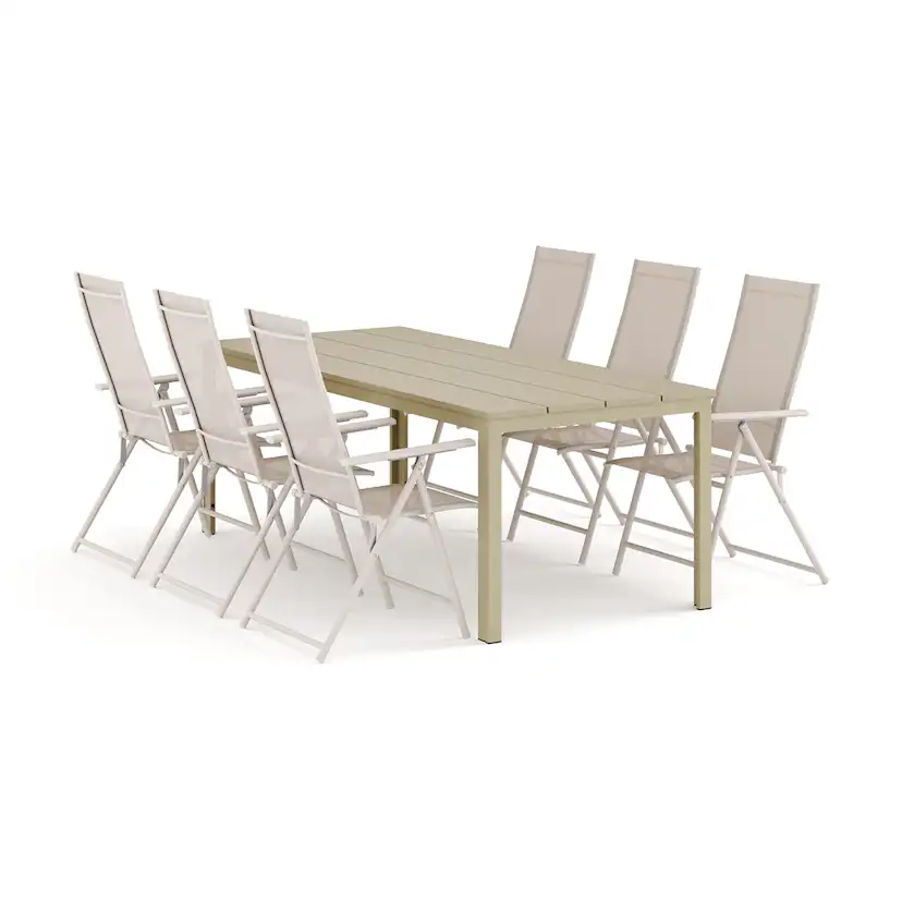 Trädgårdsgrupp Comfort Garden Tunis utomhus matgrupp 205x90 cm med 6 Sanna positionsstolar