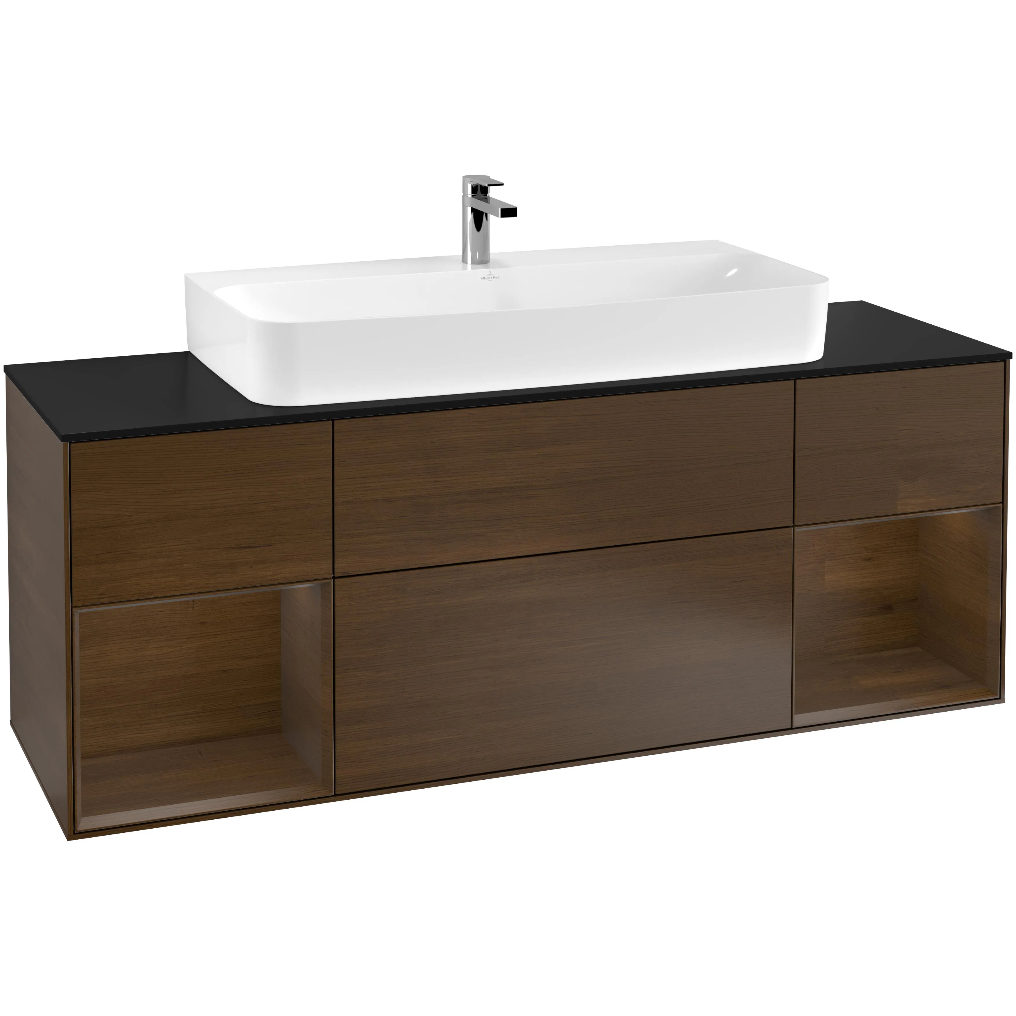 Tvättställsskåp Villeroy & Boch Finion G212GNGN Valnötsfanér/Valnötsfanér med bänkskiva i Mattsvart glas med Väggbelysning