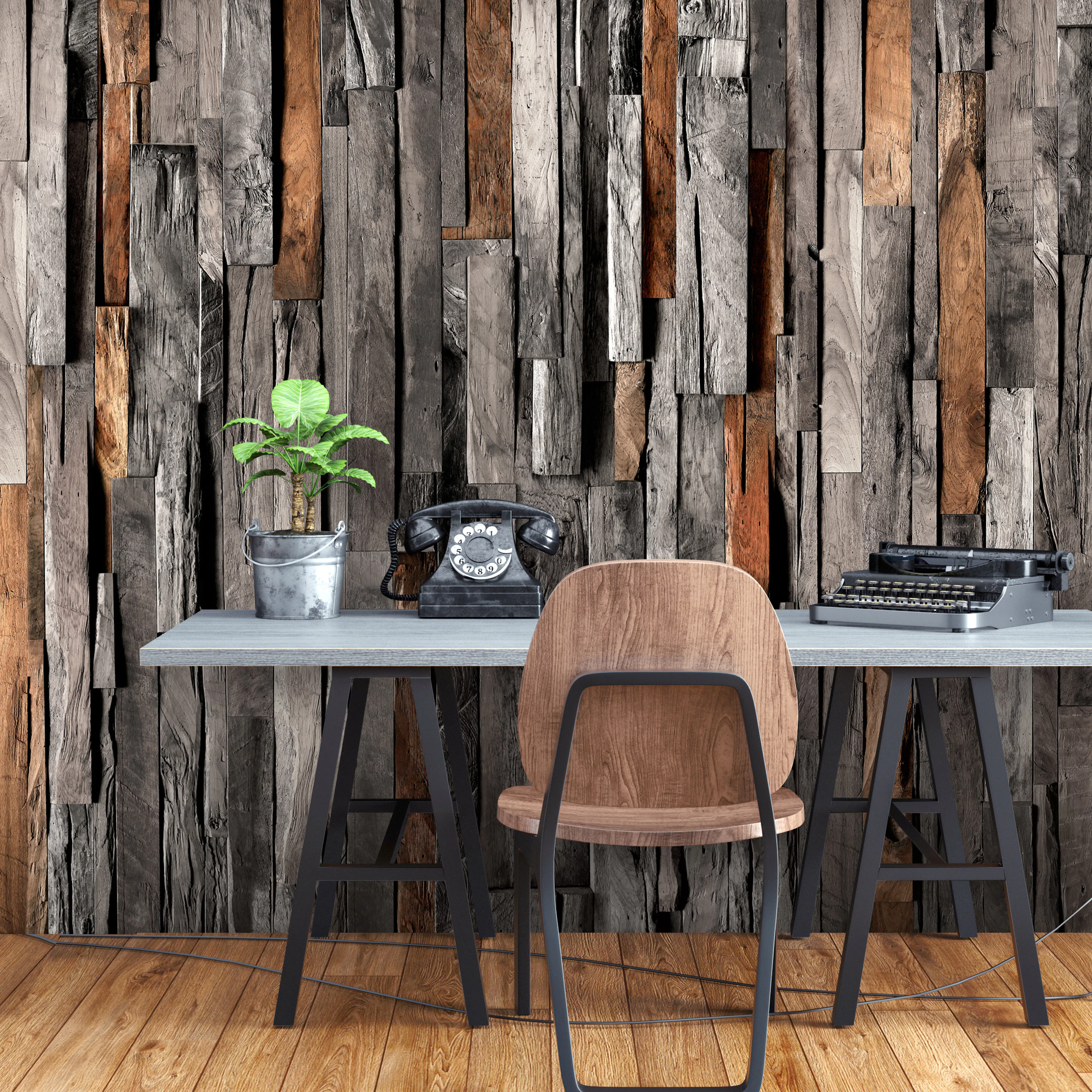Fototapet Arkiio Självhäftande Wooden Curtain Grey And Brown