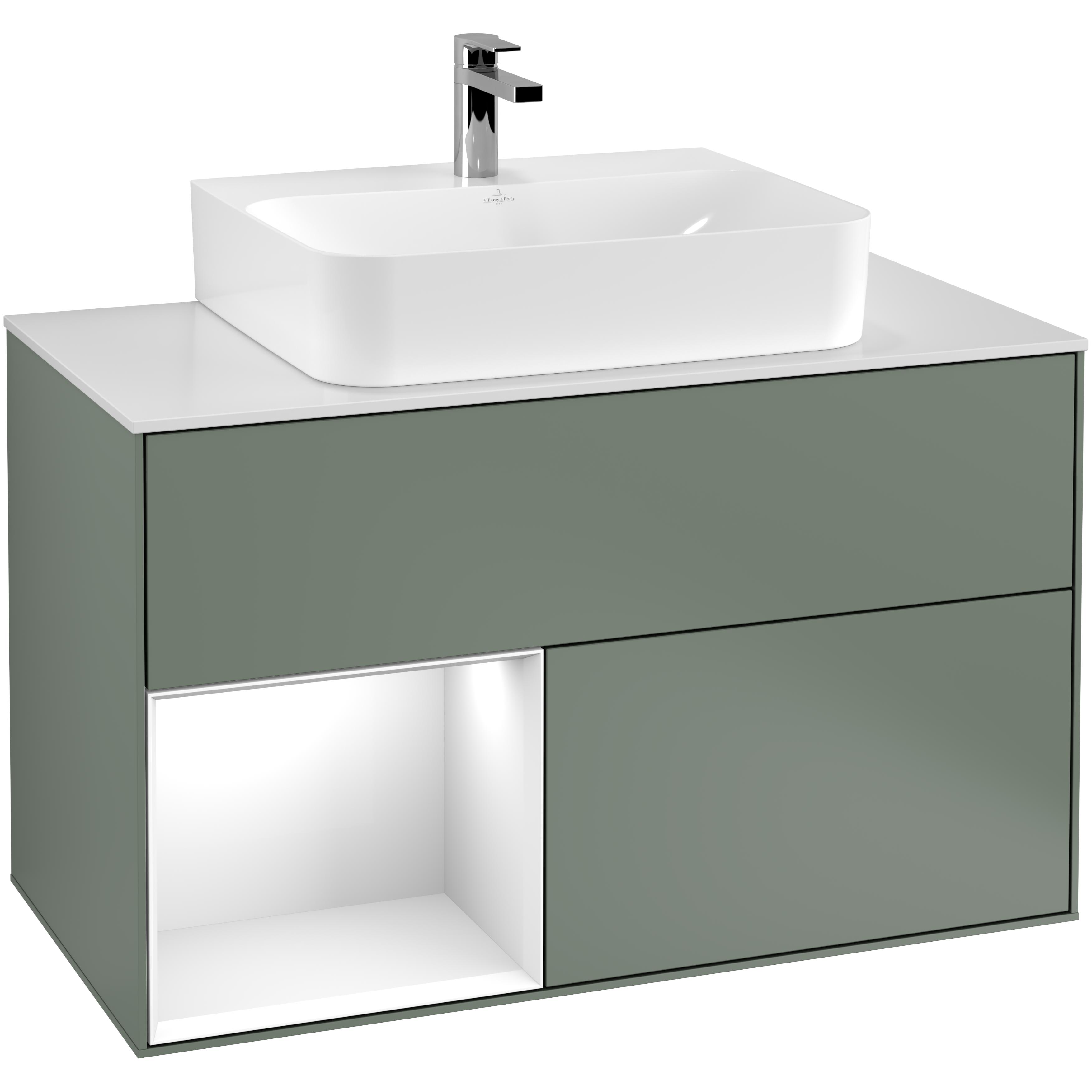 Tvättställsskåp Villeroy & Boch Finion G111GFGM Oliv Mattlack/Vit Högblank med bänkskiva i Mattvitt glas med Väggbelysning, Lucka Vänster