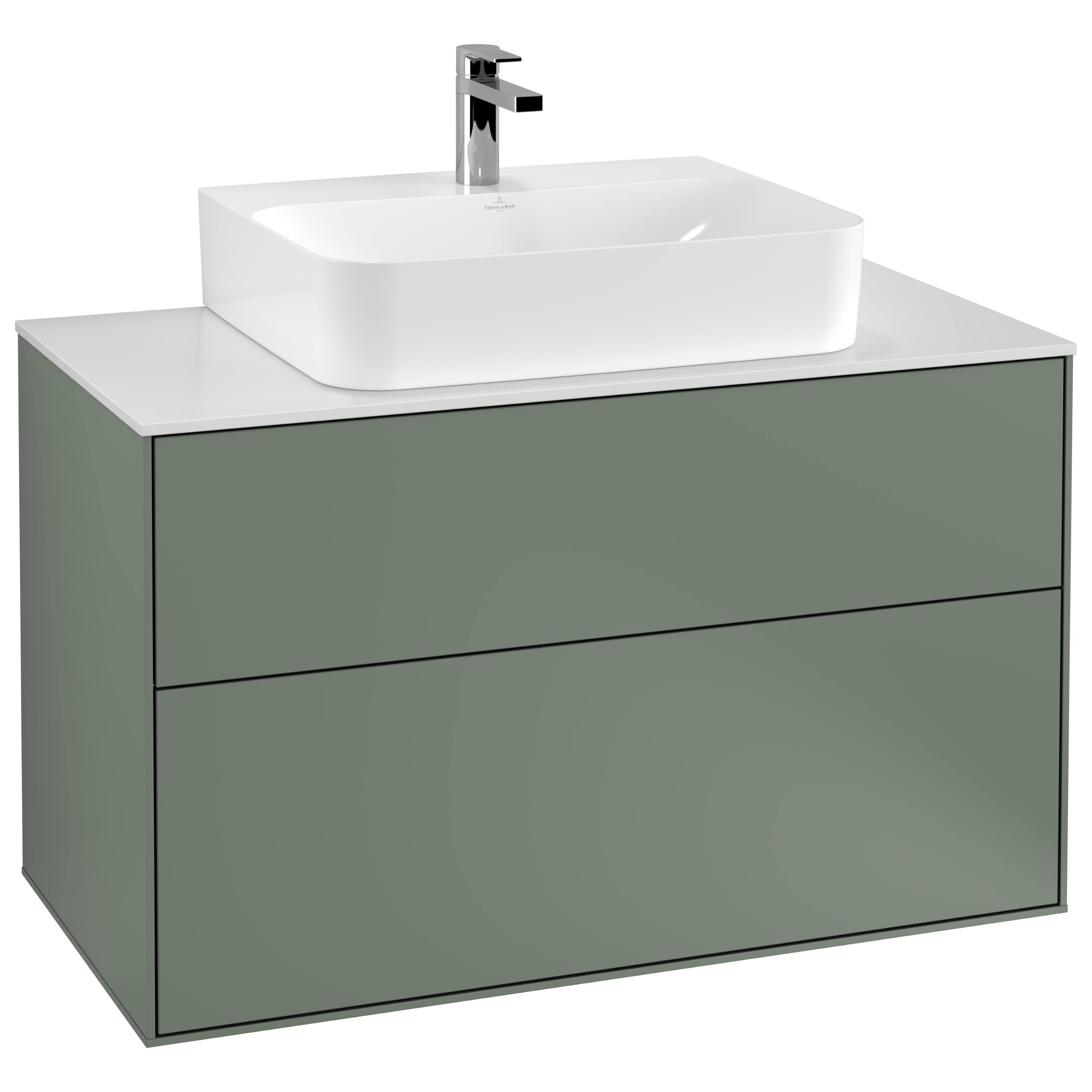 Tvättställsskåp Villeroy & Boch Finion F10100GM Oliv Mattlack, B: 1000 mm med bänkskiva i Mattvitt glas