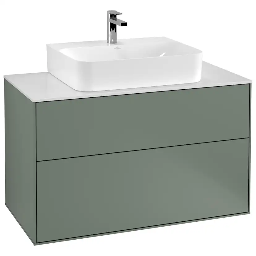 Tvättställsskåp Villeroy & Boch Finion F10100GM Oliv Mattlack, B: 1000 mm med bänkskiva i Mattvitt glas