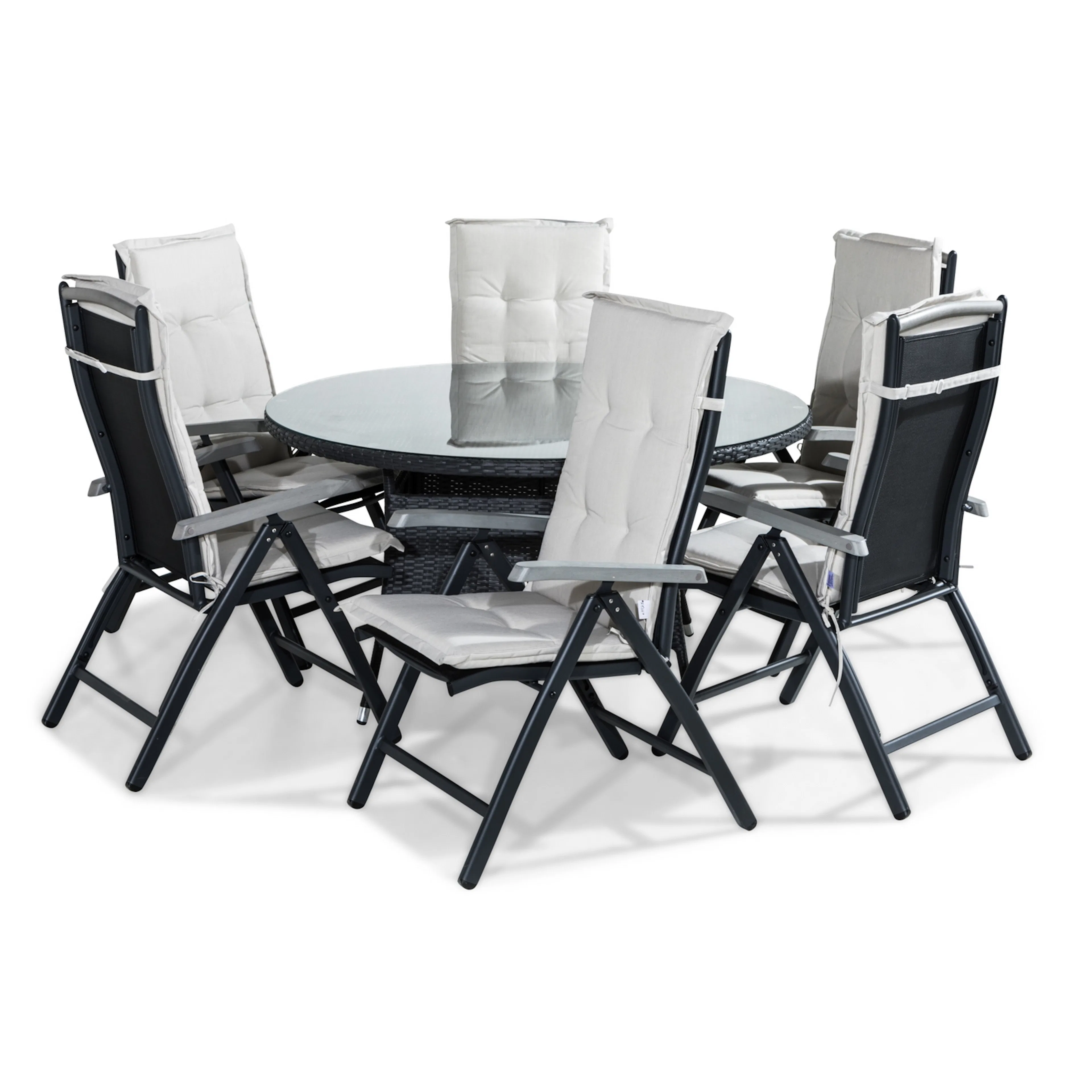 Matgrupp Comfort Garden Thor 140 Rund med 6 Positionsstolar Monaco och Dynor