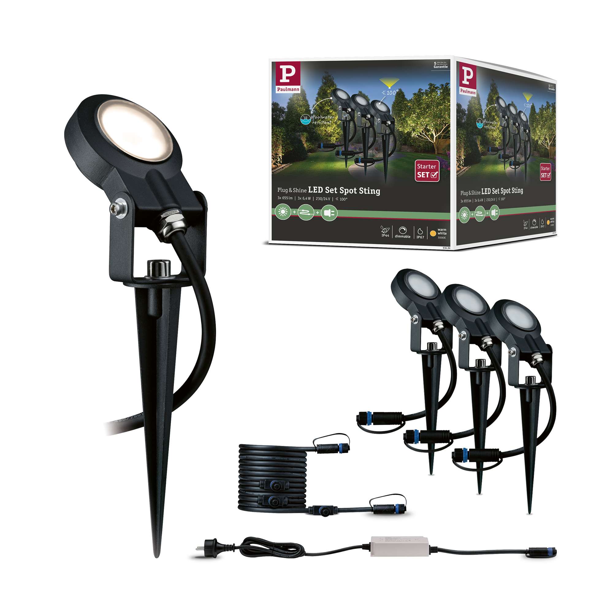 Spotlight Paulmann Sting Plug & Shine LED IP67 24V 3-pack med Kabel och Transformator