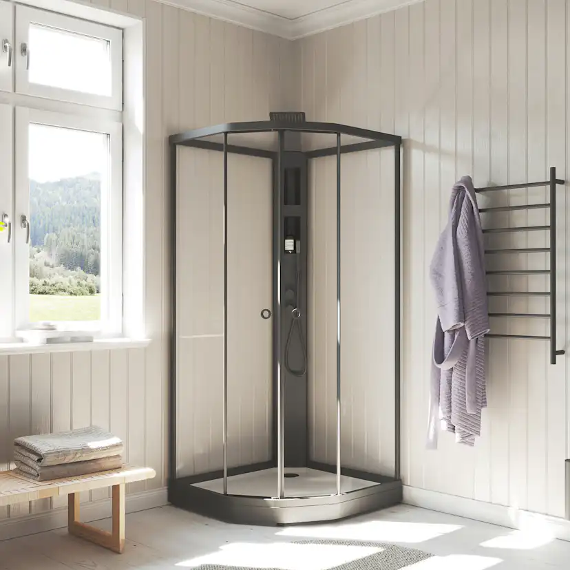 Flow kabin Semi Infälld Bland 91x81 Svart Klar/Vit bakvägg 910x810 mm, Svart Profil, Klarglas/Vit bakvägg